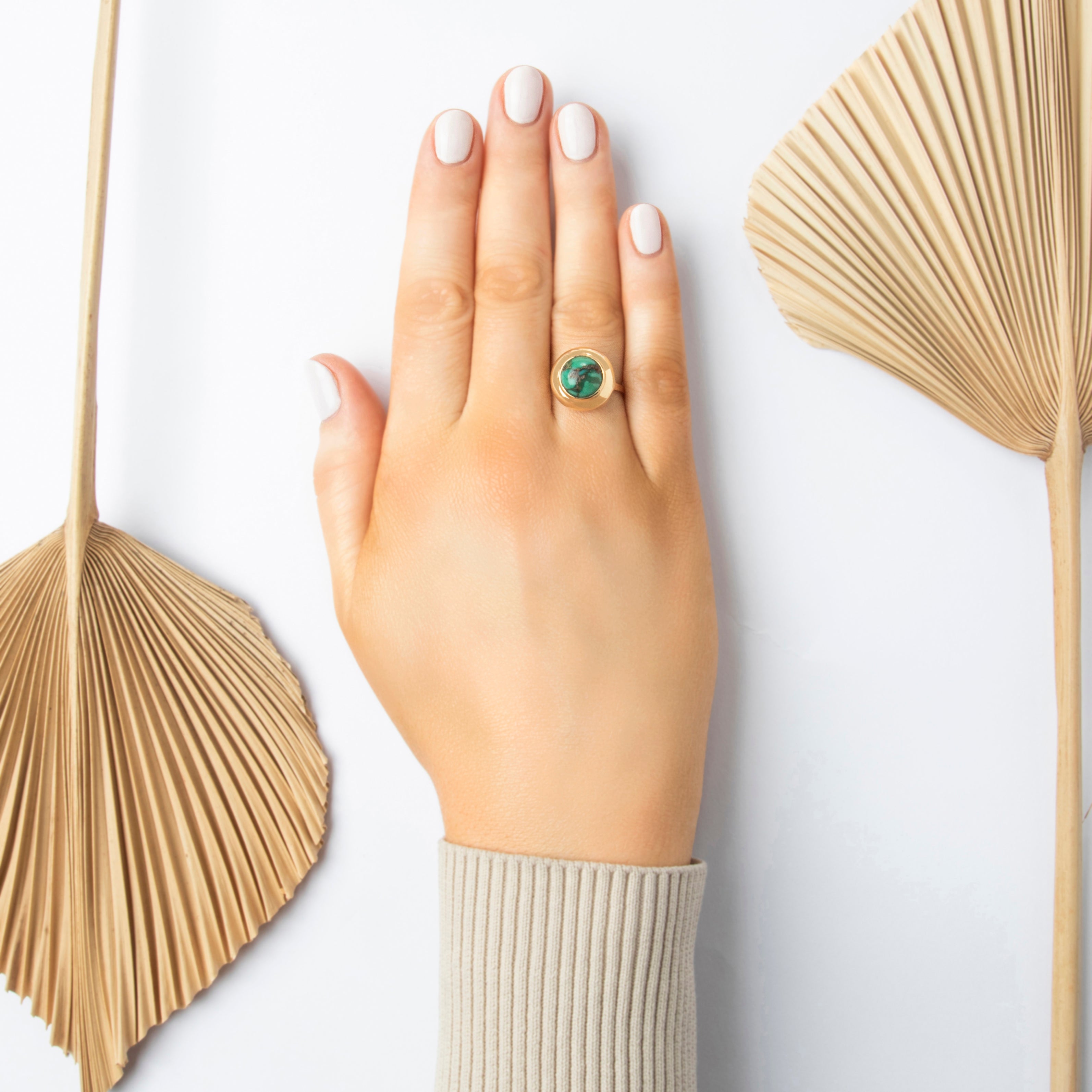 Vintage 18k Yellow Gold 3.57ct Green Turquoise Gleaming Halo Natural Cabochon Ring - On model view