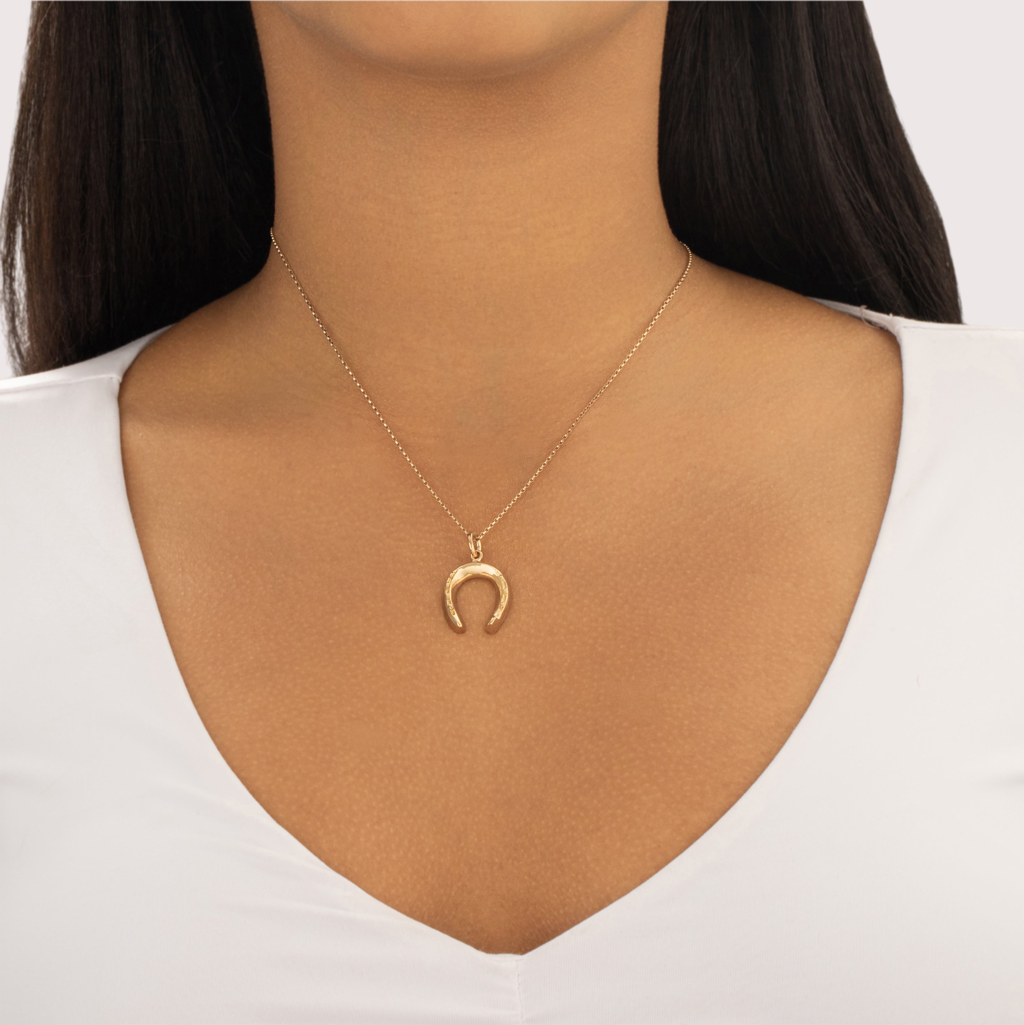 Antique Victorian English Heavy 18k Yellow Gold Lucky Horseshoe Charm / Pendant - On model view