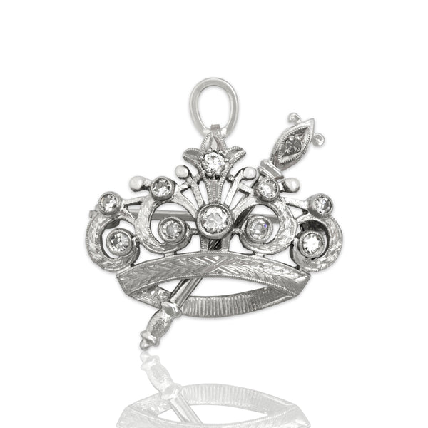Vintage 18k White Gold Diamond Incredible Dazzling Crown & Scepter Pin / Pendant