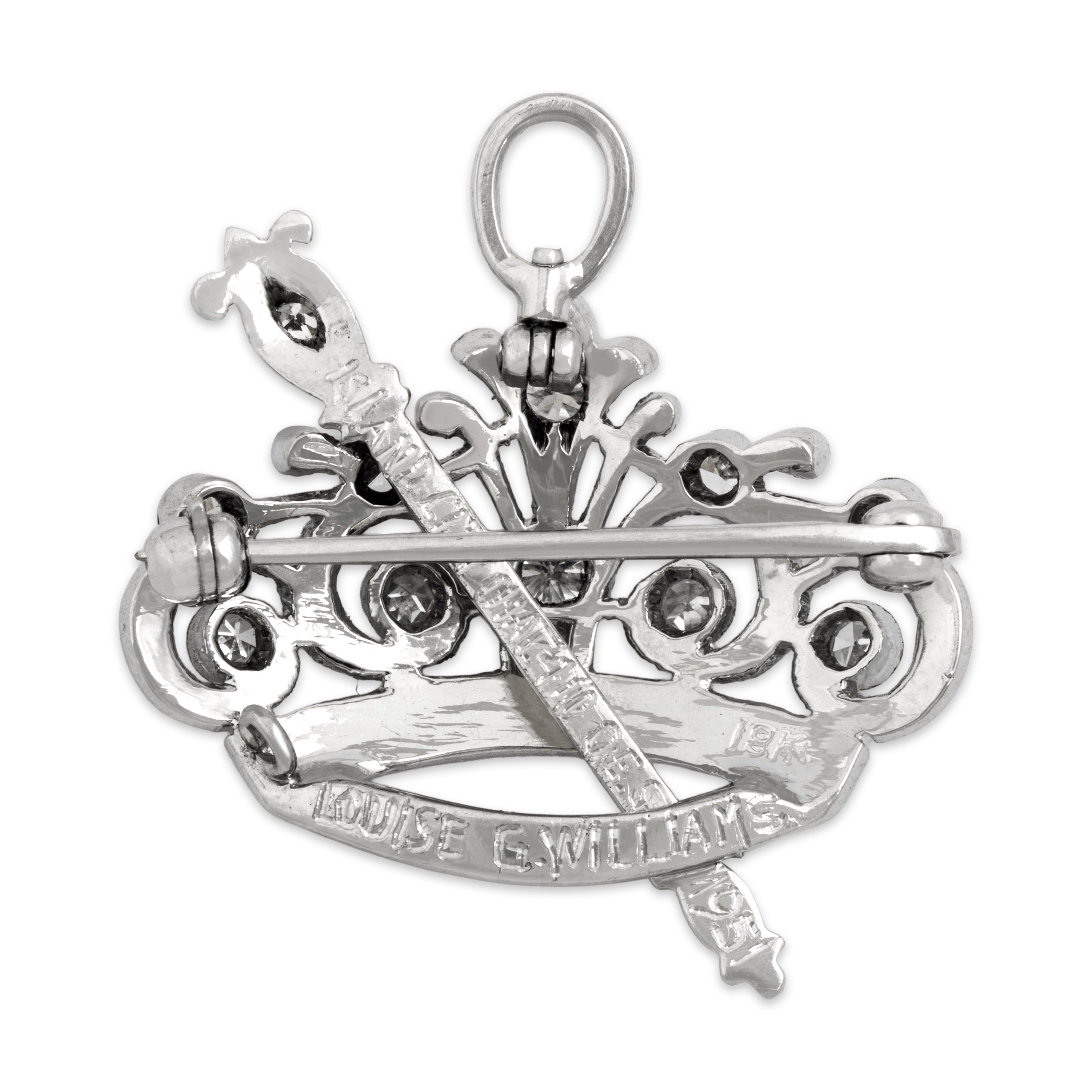 Vintage 18k White Gold Diamond Incredible Dazzling Crown & Scepter Pin / Pendant - Hallmark view