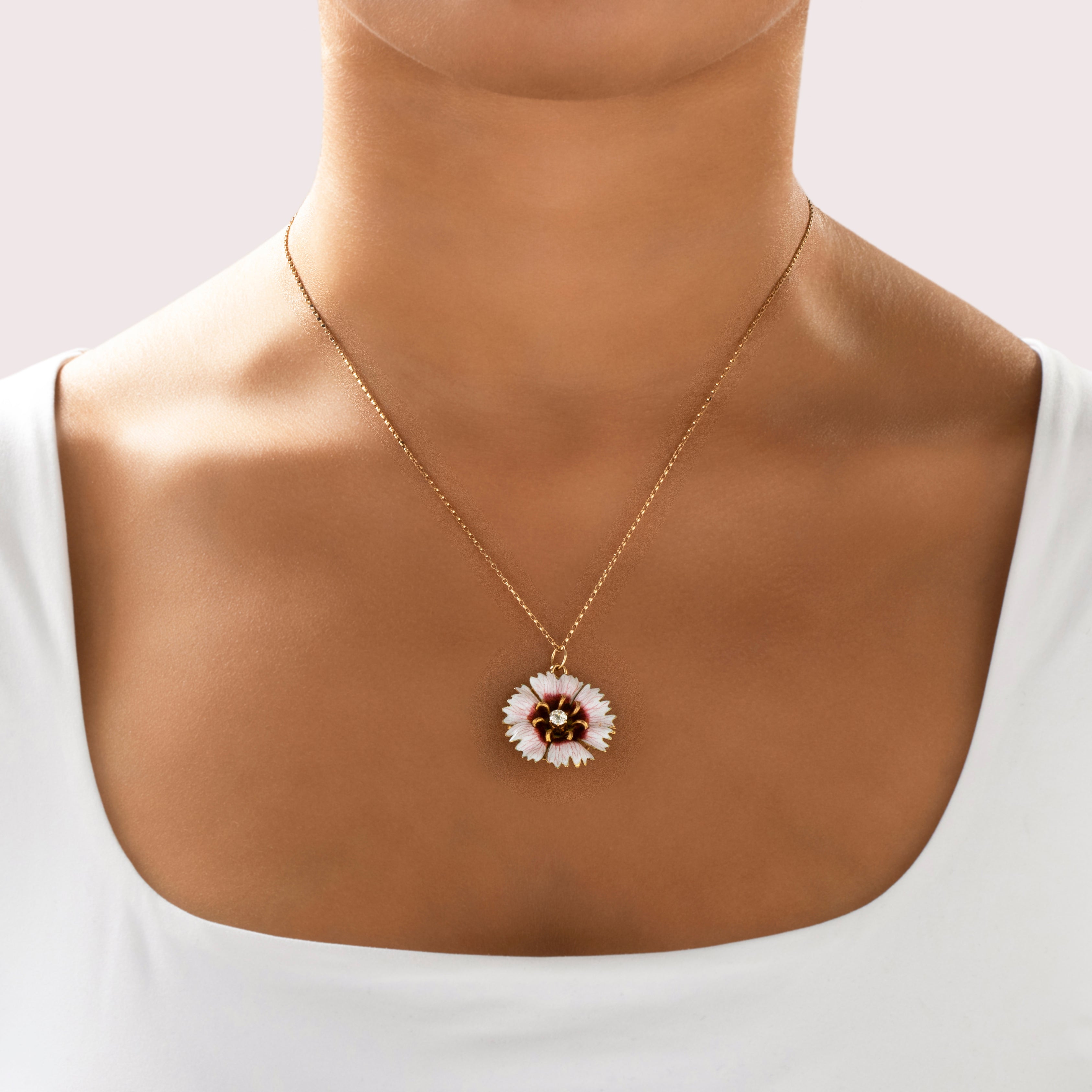 Antique 18k Yellow Gold Old Mine Diamond Superb Pink Enamel Flower Pin / Pendant