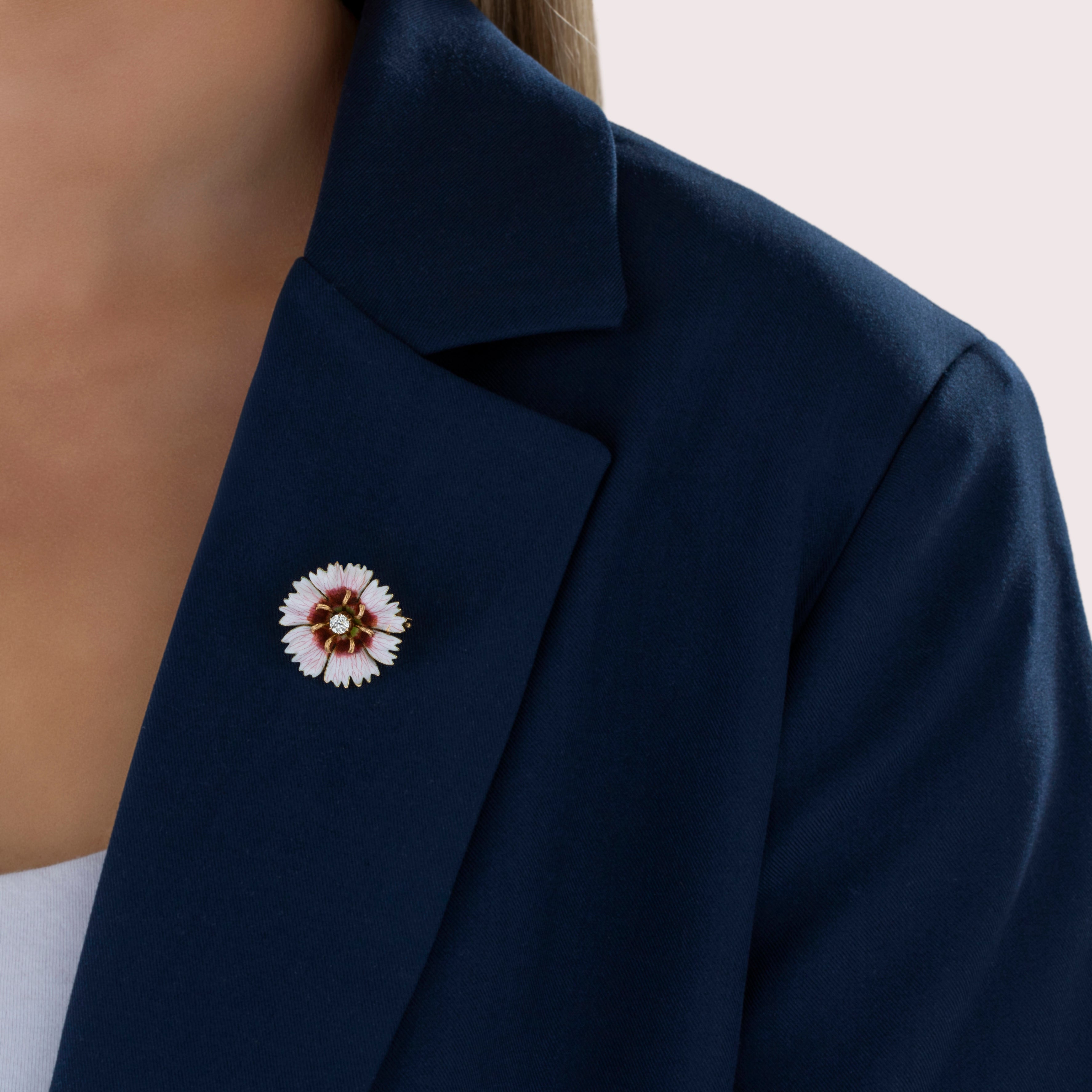 Antique 18k Yellow Gold Old Mine Diamond Superb Pink Enamel Flower Pin / Pendant