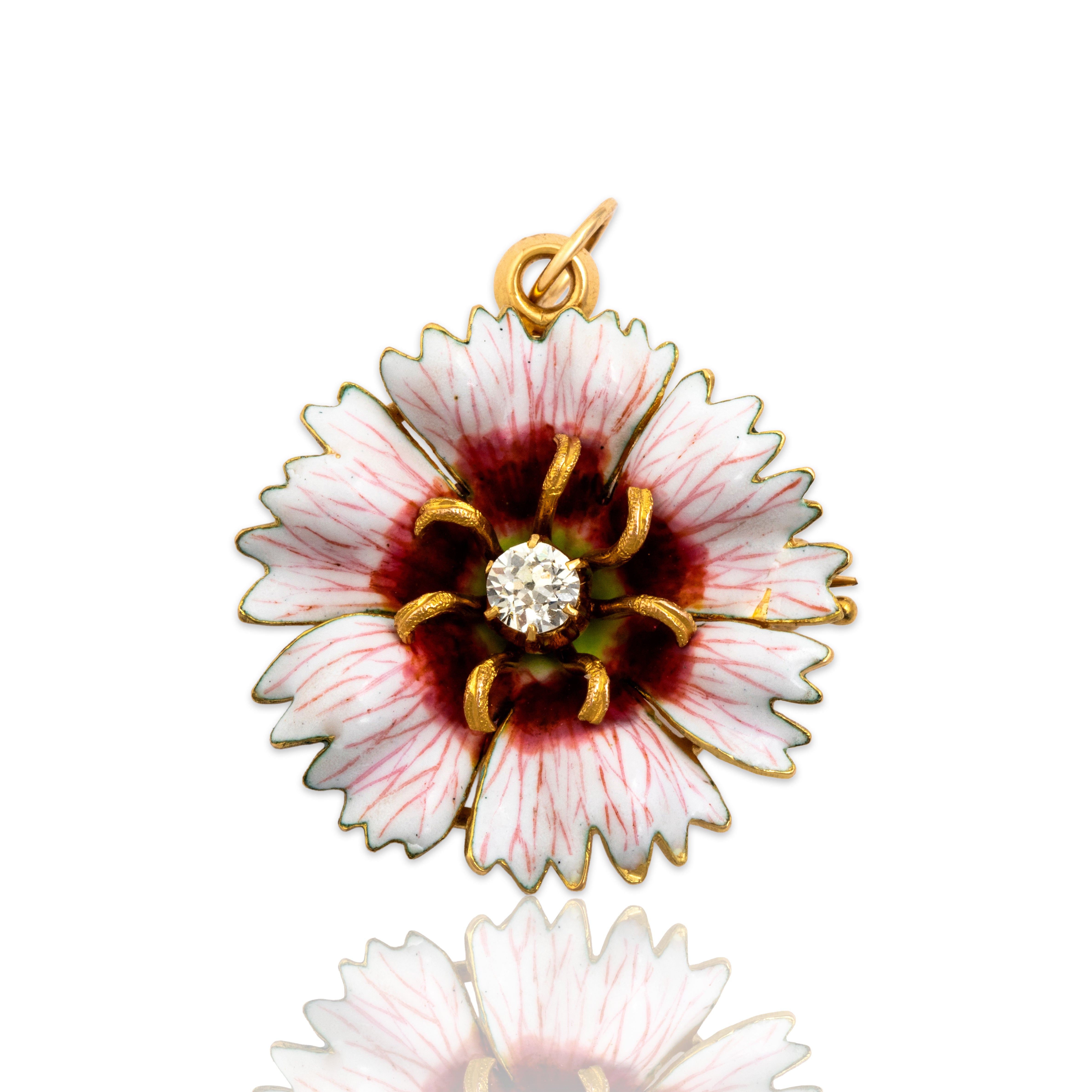 Antique 18k Yellow Gold Old Mine Cut Diamond Pink Enamel Flower Pin / Pendant - Close-up view