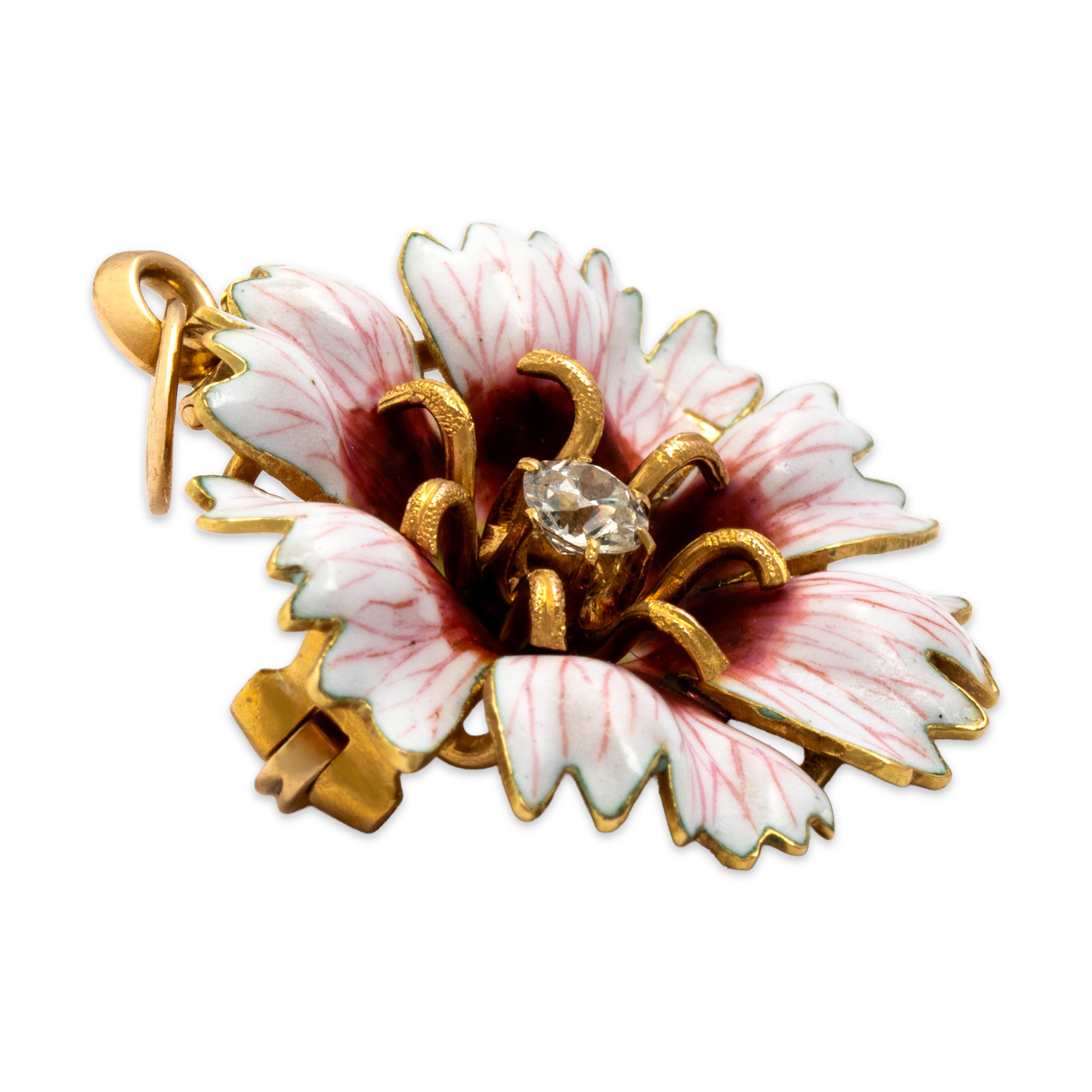 Antique 18k Yellow Gold Old Mine Cut Diamond Pink Enamel Flower Pin / Pendant - Side view