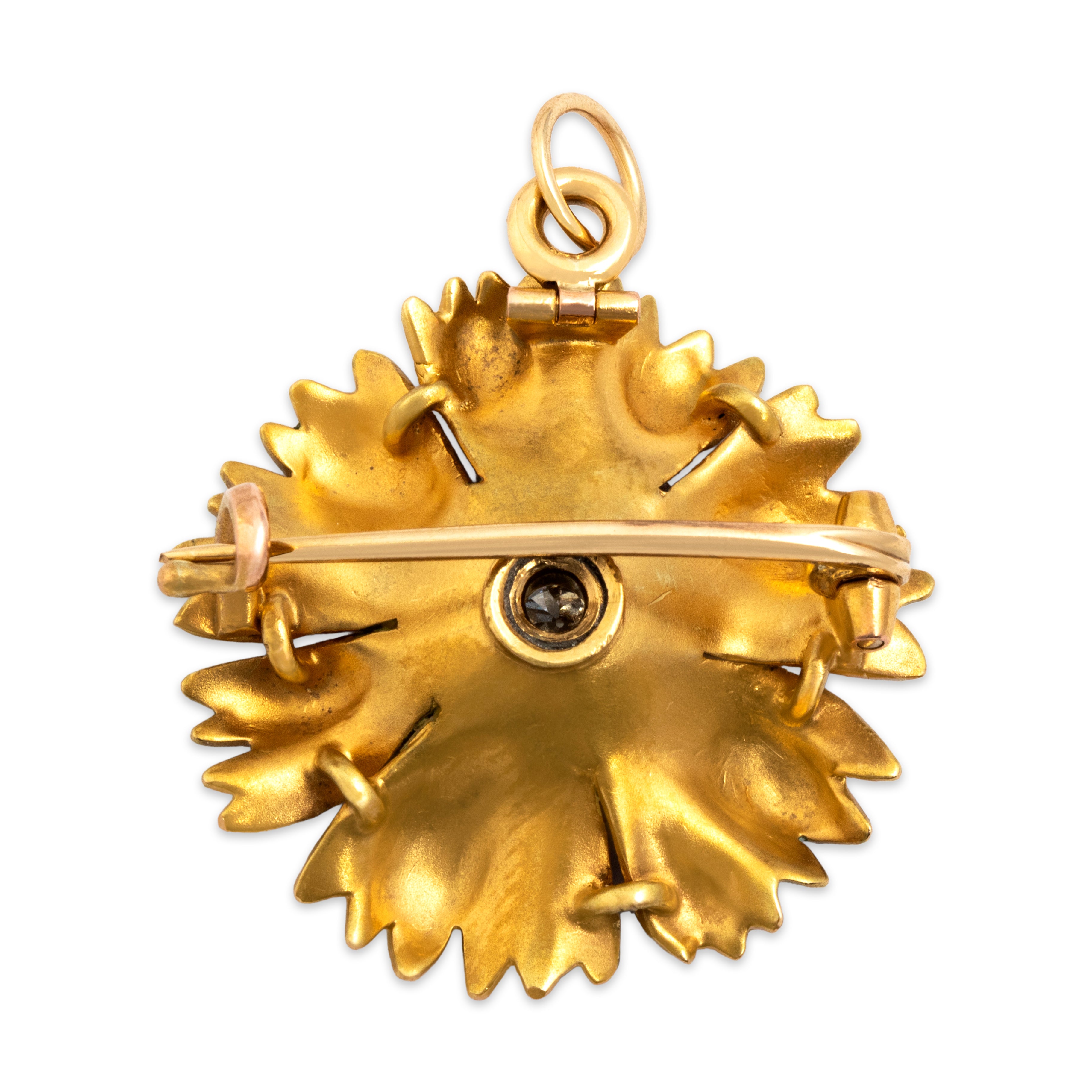 Antique 18k Yellow Gold Old Mine Cut Diamond Pink Enamel Flower Pin / Pendant - Back view
