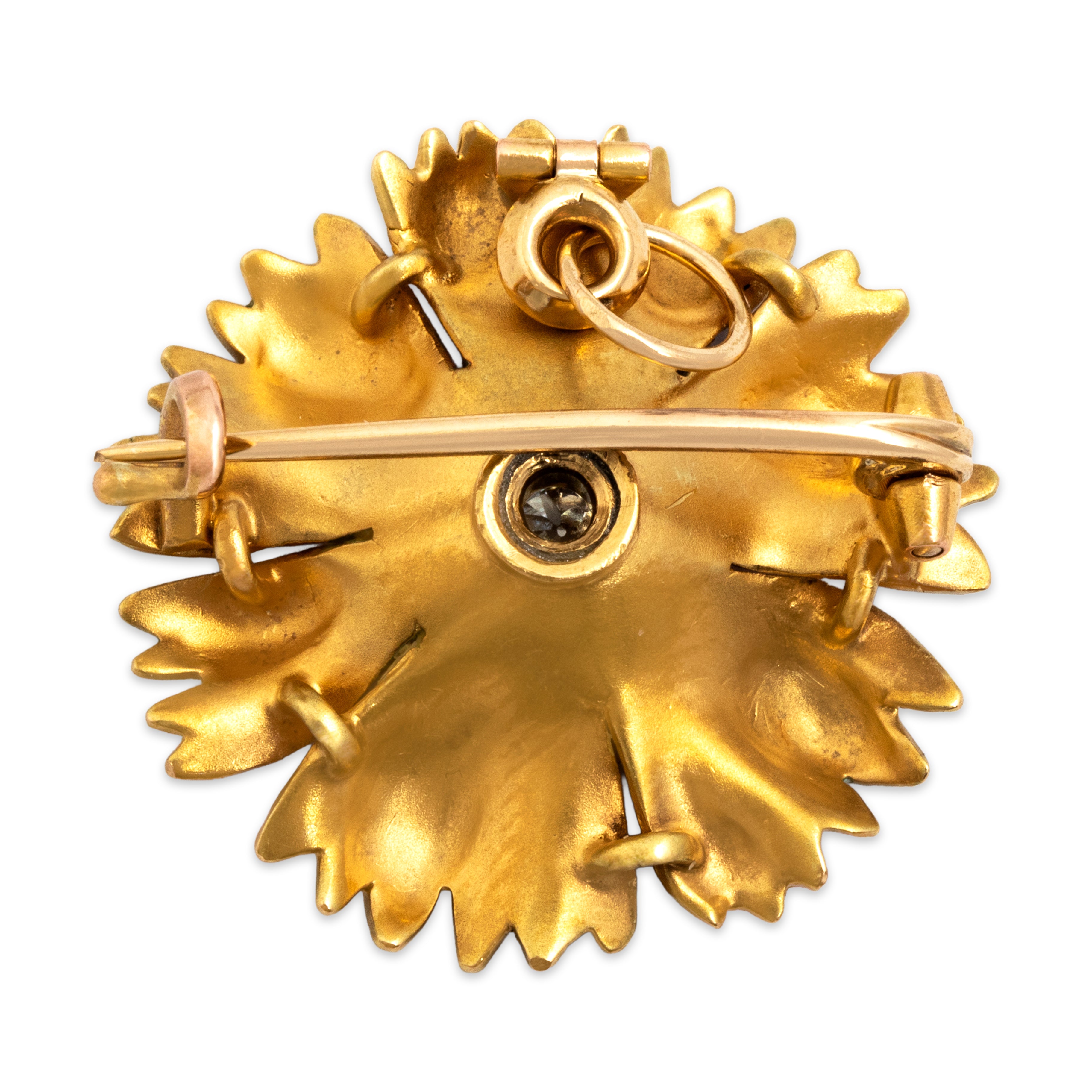 Antique 18k Yellow Gold Old Mine Cut Diamond Pink Enamel Flower Pin / Pendant - Back view