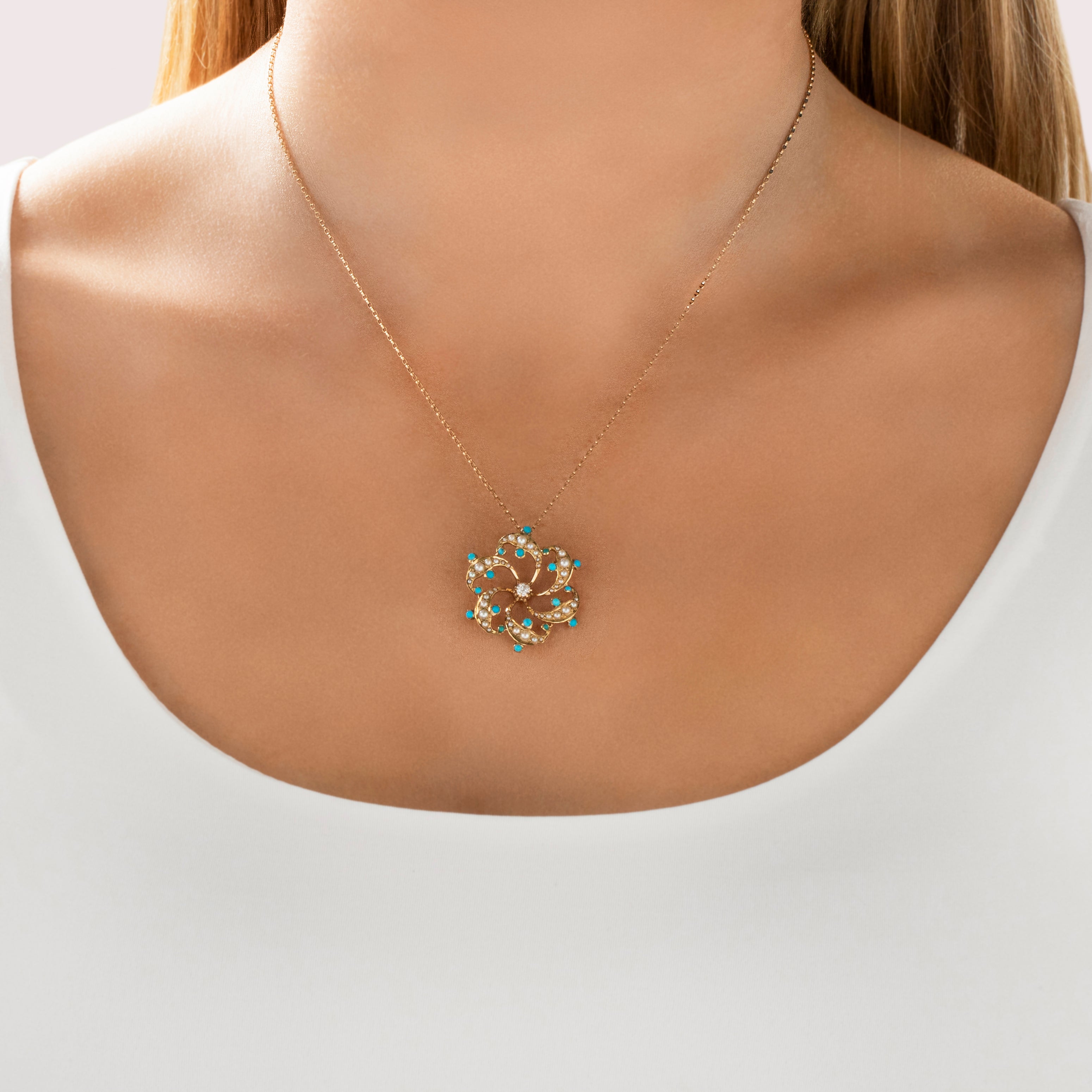 Antique 14k Yellow Gold Old Mine Cut Diamond Pearl Turquoise Swirling Pinwheel Design Pendant - On model view