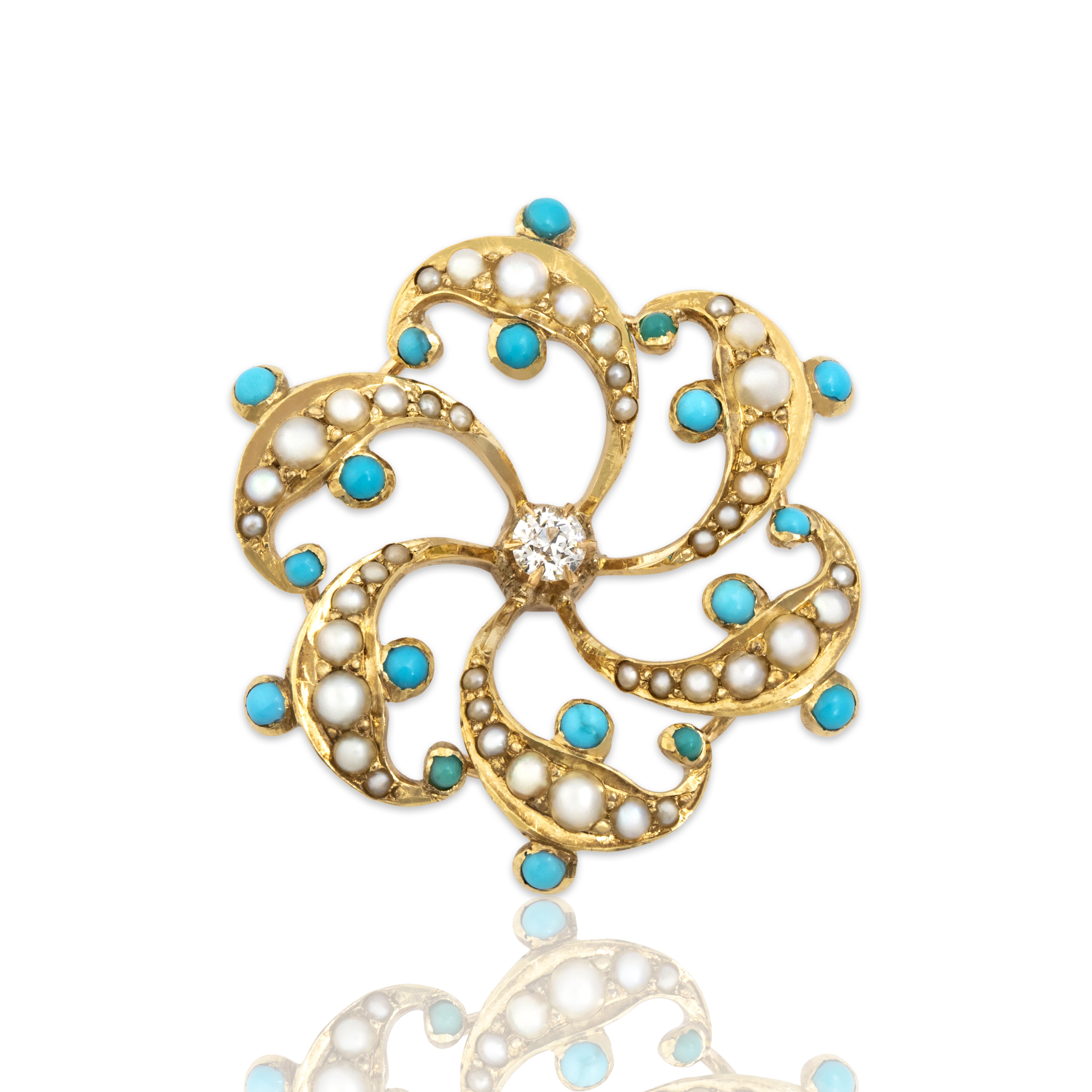 Antique 14k Yellow Gold Old Mine Diamond Pearl Turquoise Stellar Swirling Pendant