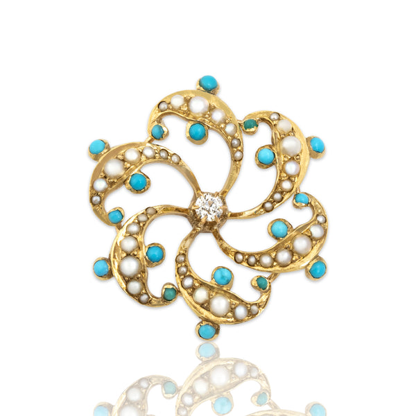 Antique 14k Yellow Gold Old Mine Diamond Pearl Turquoise Stellar Swirling Pendant