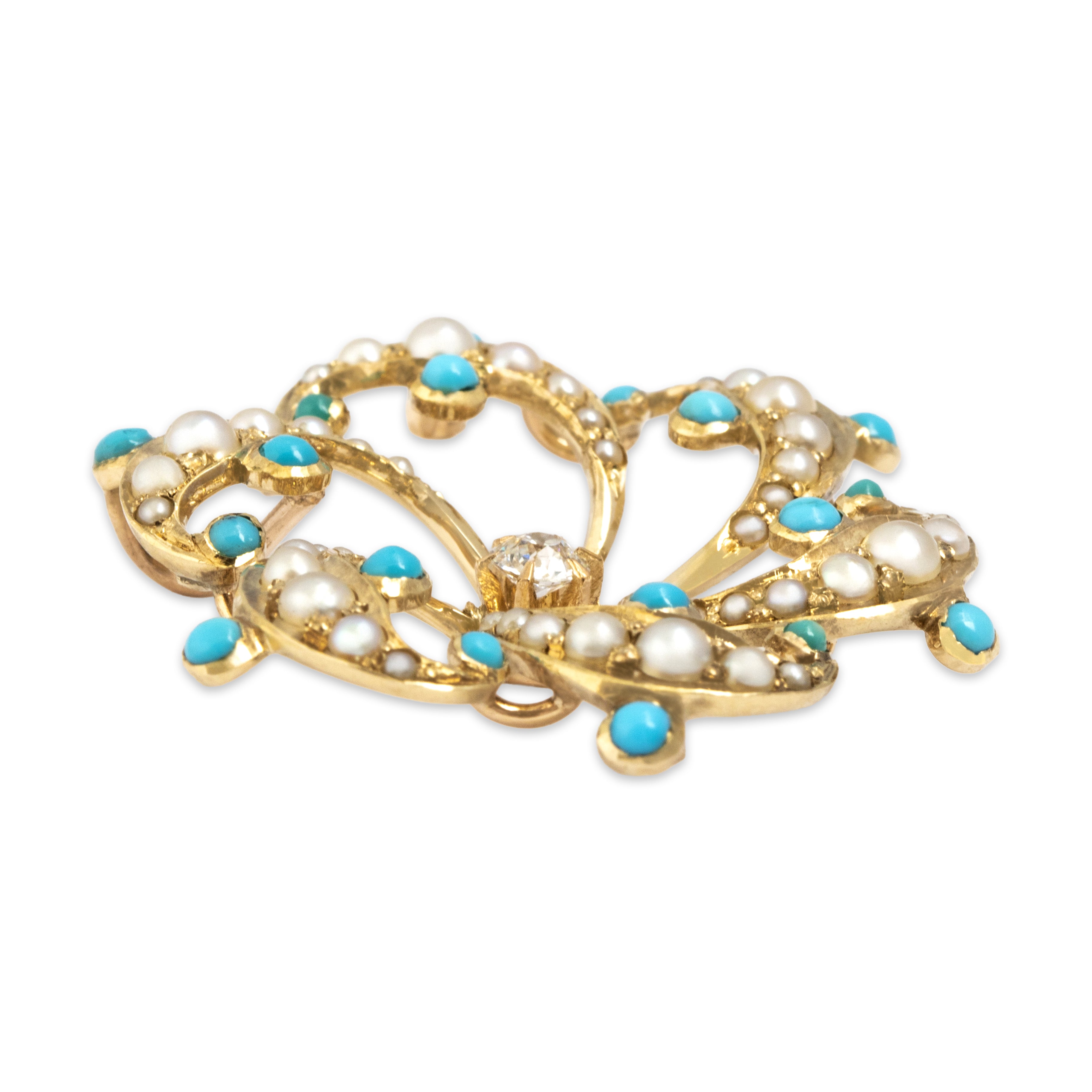 Antique 14k Yellow Gold Old Mine Cut Diamond Pearl Turquoise Swirling Pinwheel Design Pendant - Side view