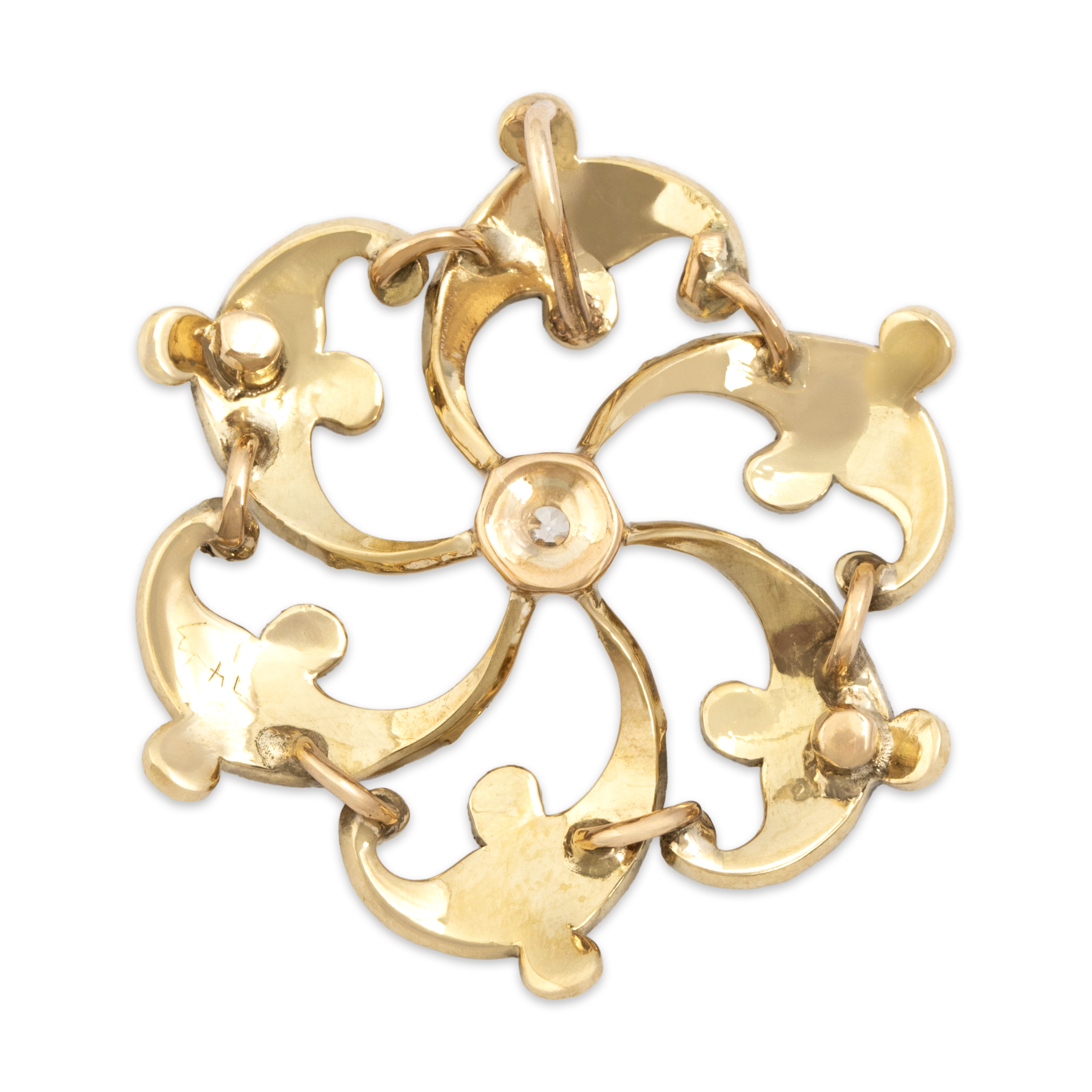 Antique 14k Yellow Gold Old Mine Cut Diamond Pearl Turquoise Swirling Pinwheel Design Pendant - Back view