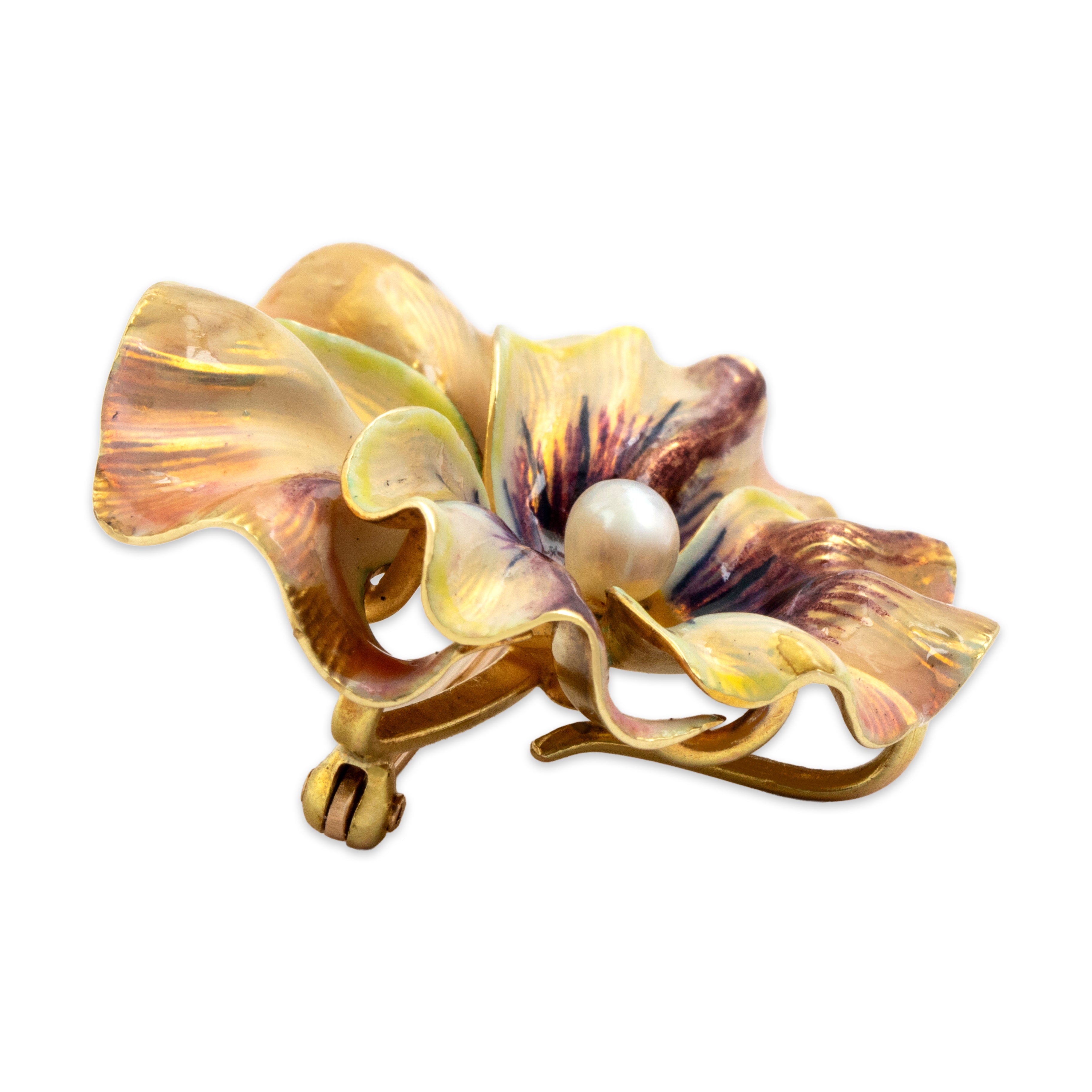 Antique Art Nouveau Large Spectacular 14k Yellow Gold Seed Pearl Enamel Pansy Brooch / Pin - Side view