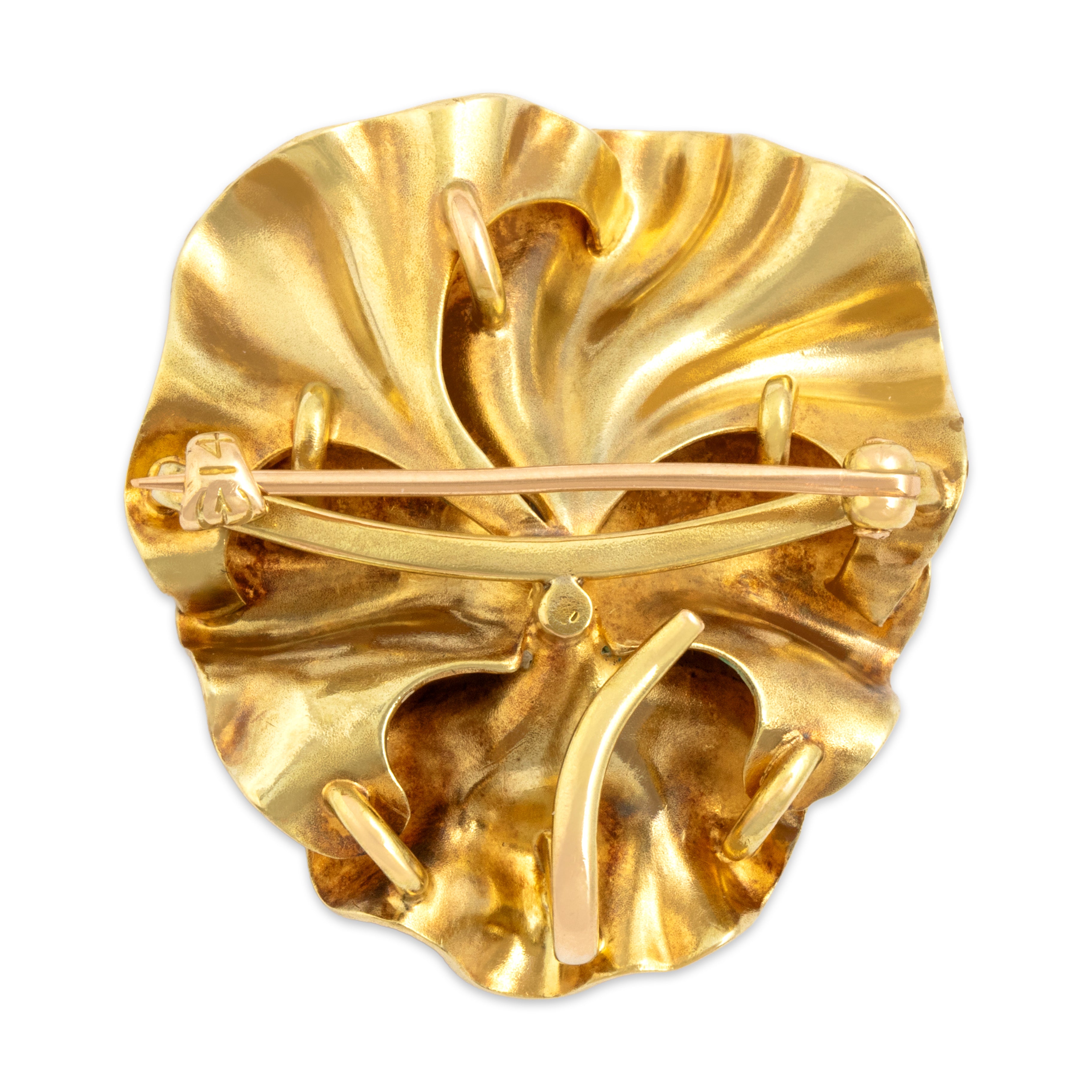 Antique Art Nouveau Large Spectacular 14k Yellow Gold Seed Pearl Enamel Pansy Brooch / Pin - Back view