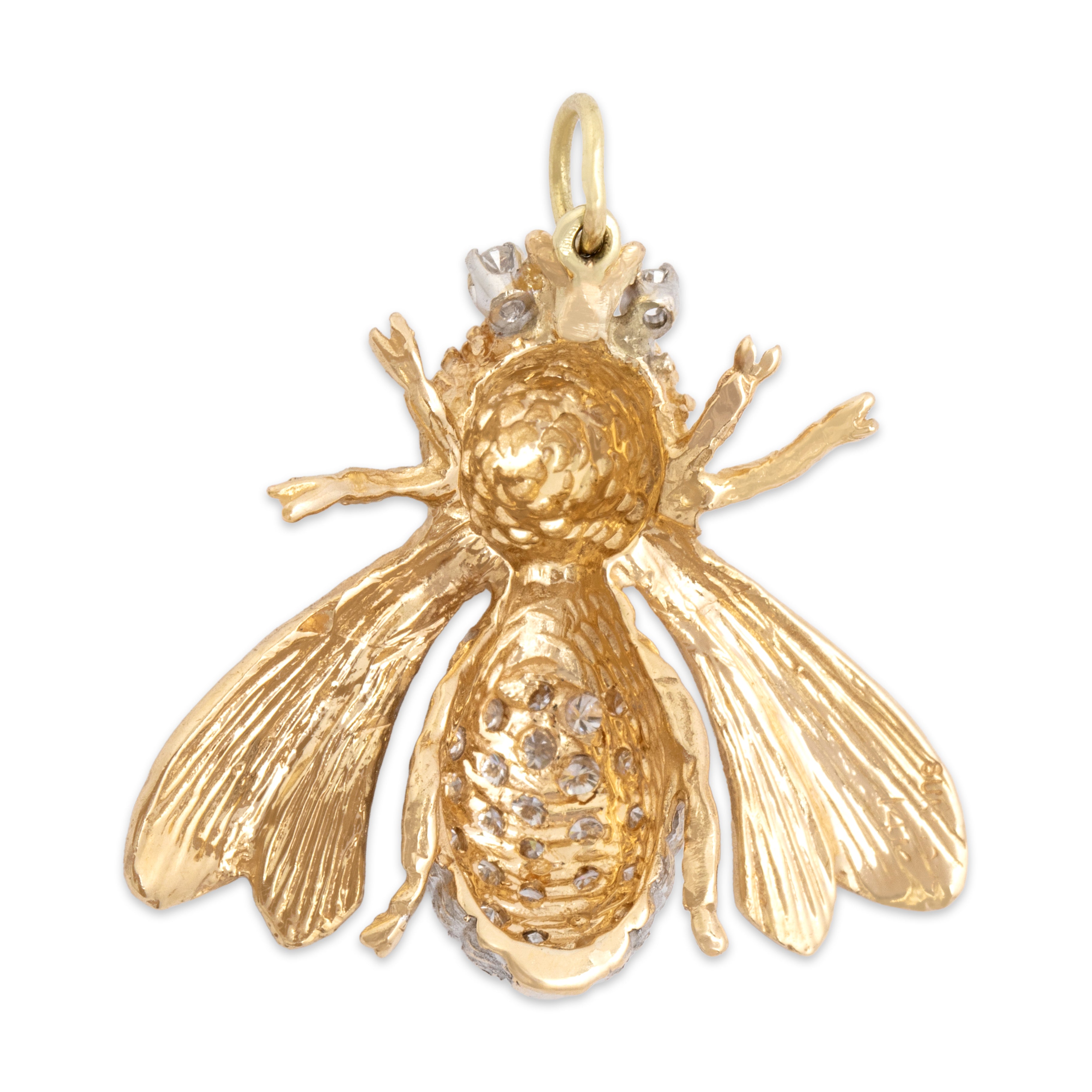 Vintage 14k Yellow Gold Diamond Sparkling Honey Bee Pendant - detail view #2
