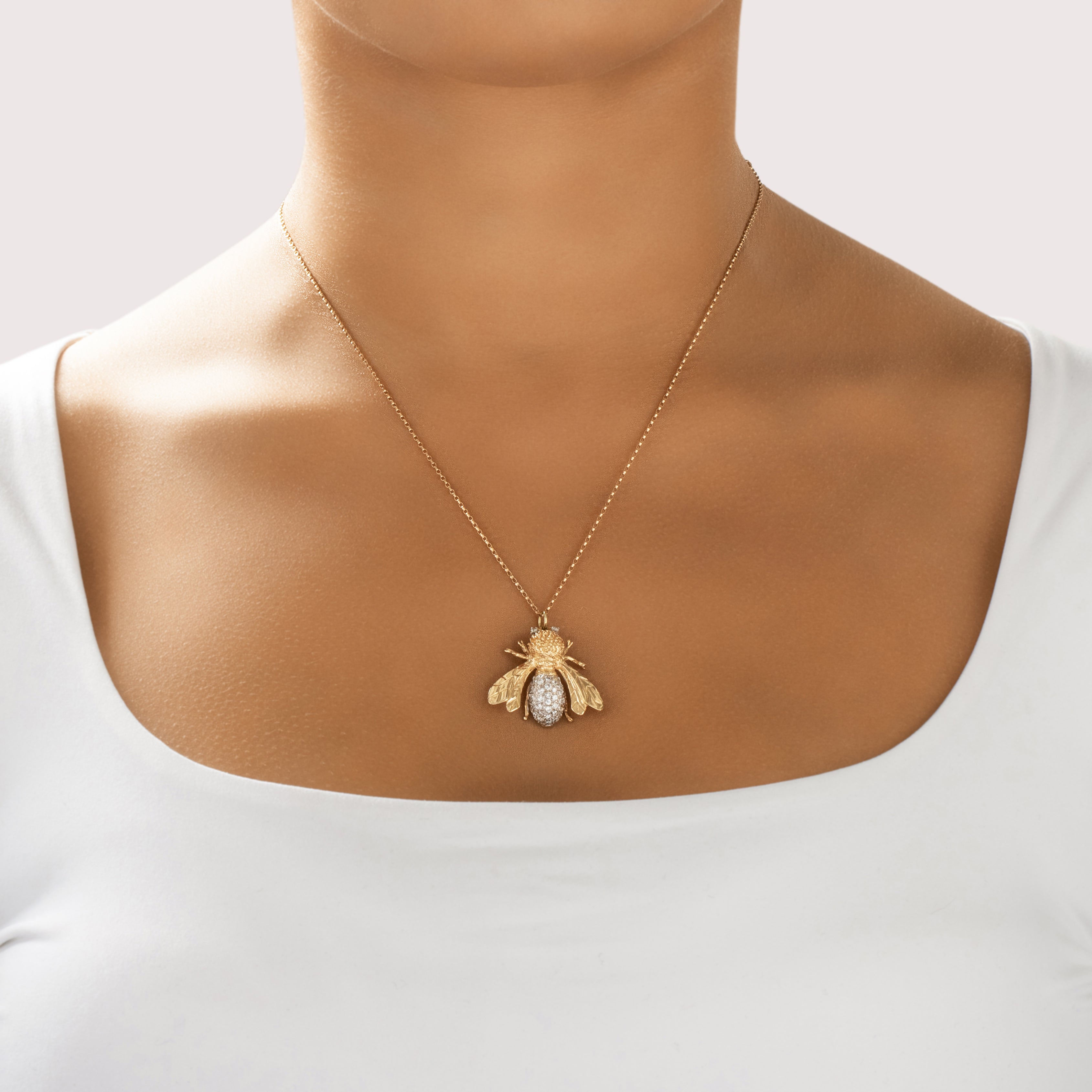 Vintage 14k Yellow Gold Diamond Sparkling Honey Bee Pendant - On model view