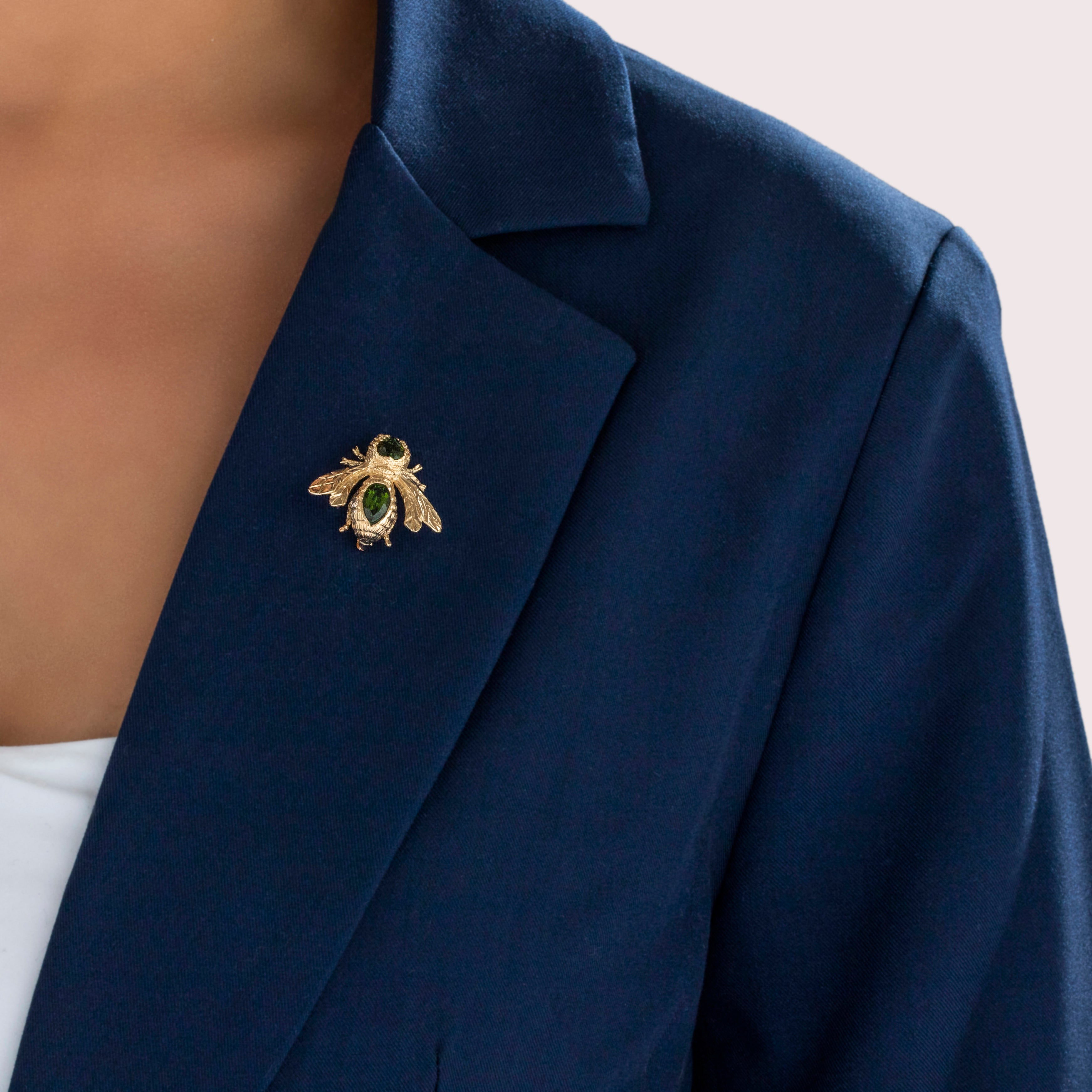Vintage Large Fantastic Flying Bug 14k Yellow Gold 2.07cttw Green Tourmaline Brooch / Pin - On model view