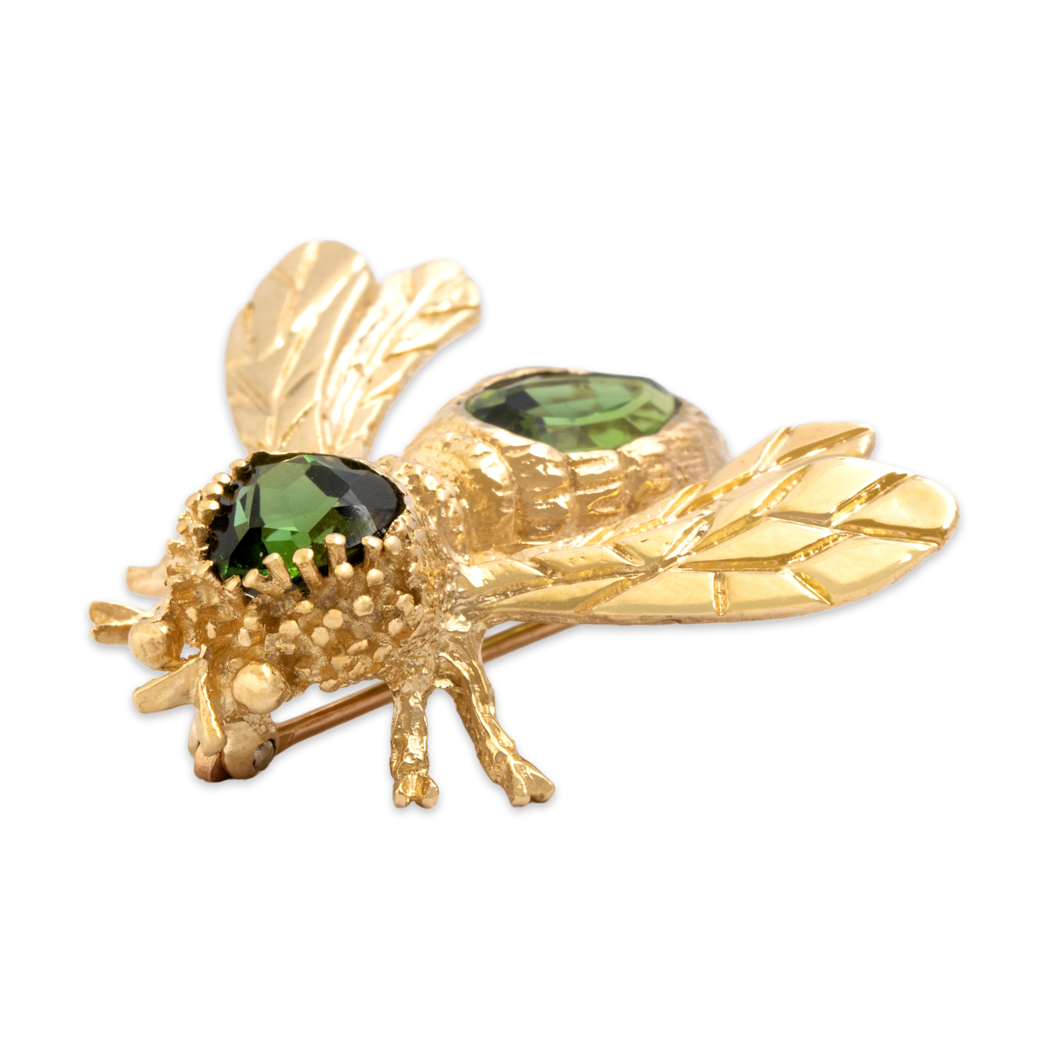 Vintage Large Fantastic Flying Bug 14k Yellow Gold 2.07cttw Green Tourmaline Brooch / Pin - Overall view