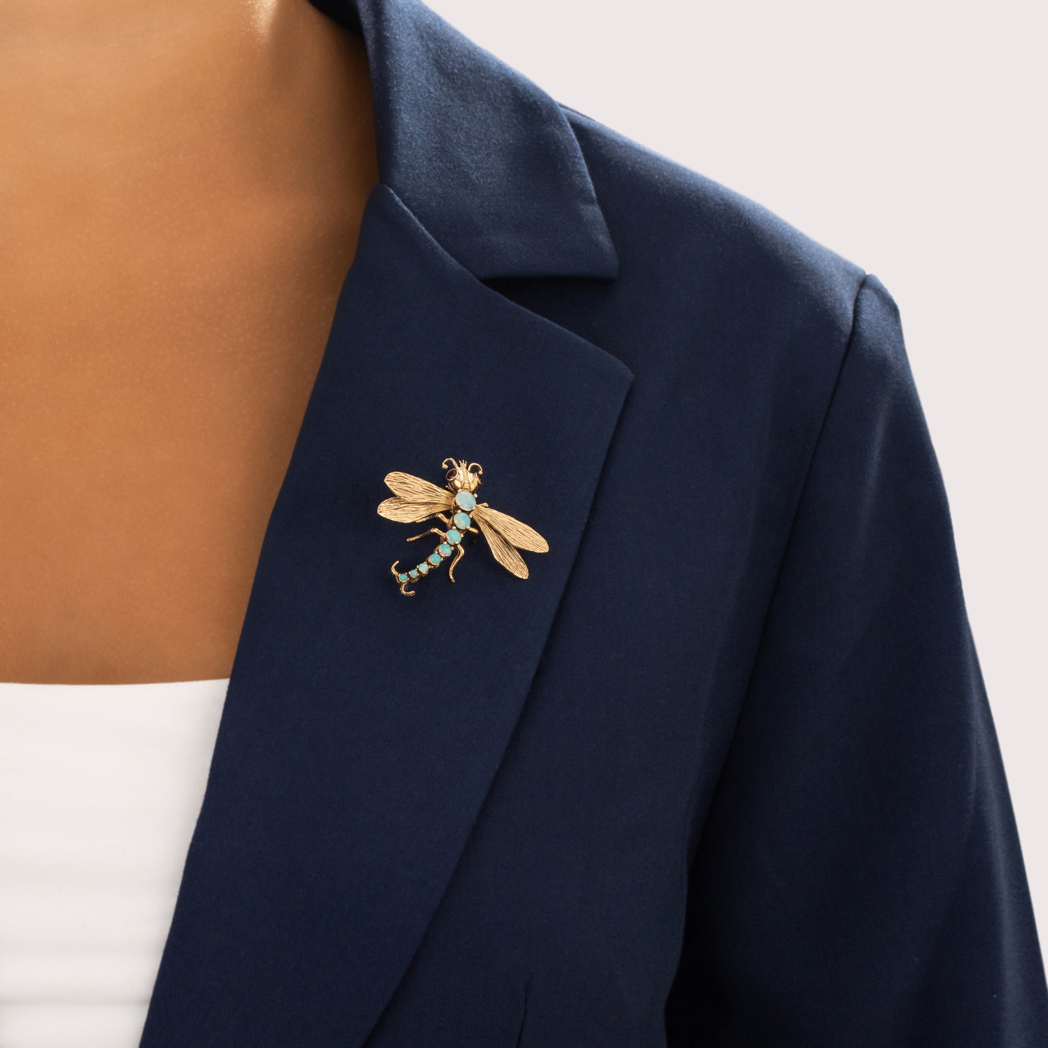 Vintage 14k Yellow Gold .69cttw Opal Garnet Fantastic Dragonfly Pin - On model view