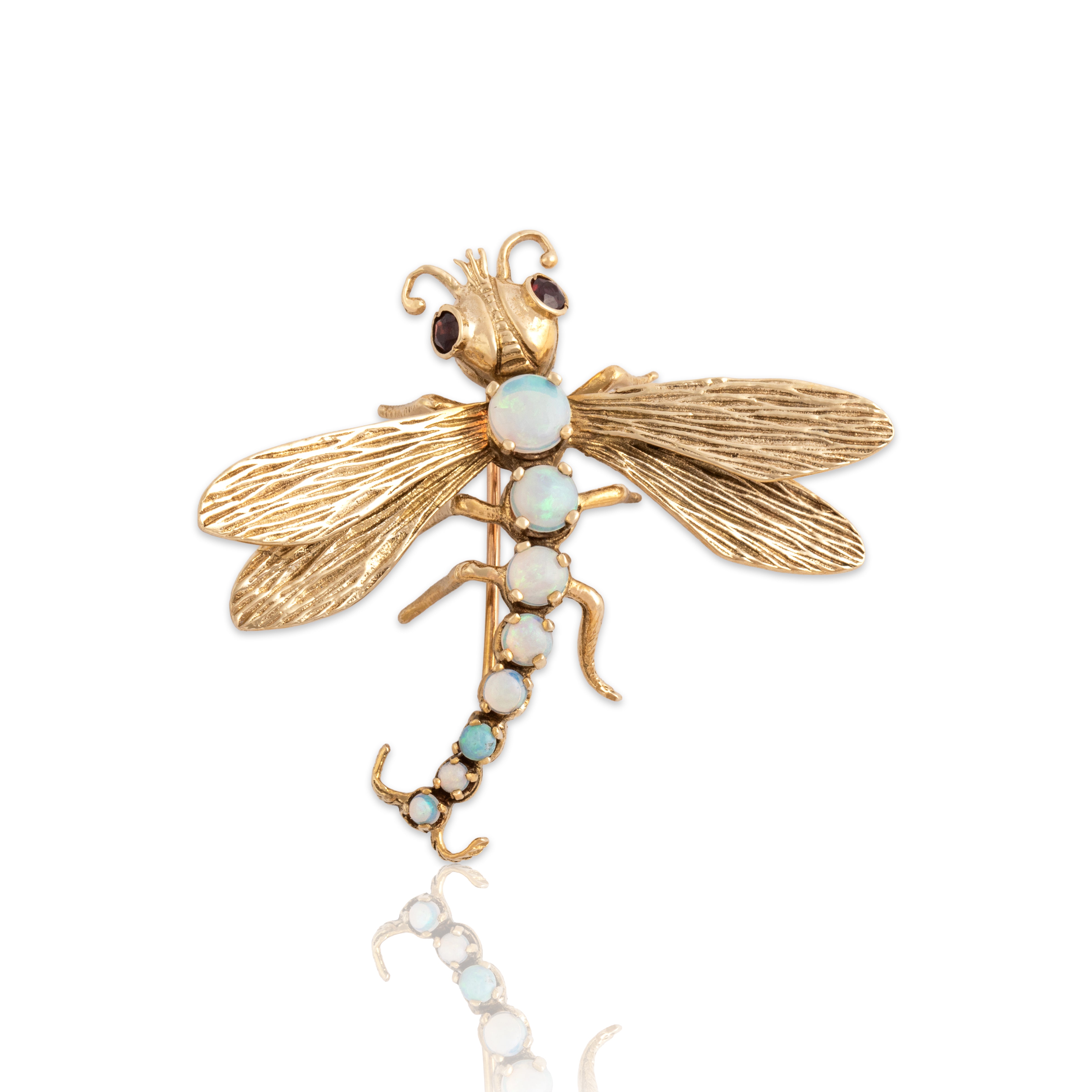 Vintage 14k Yellow Gold .69cttw Opal Garnet Fantastic Dragonfly Pin - Close-up view