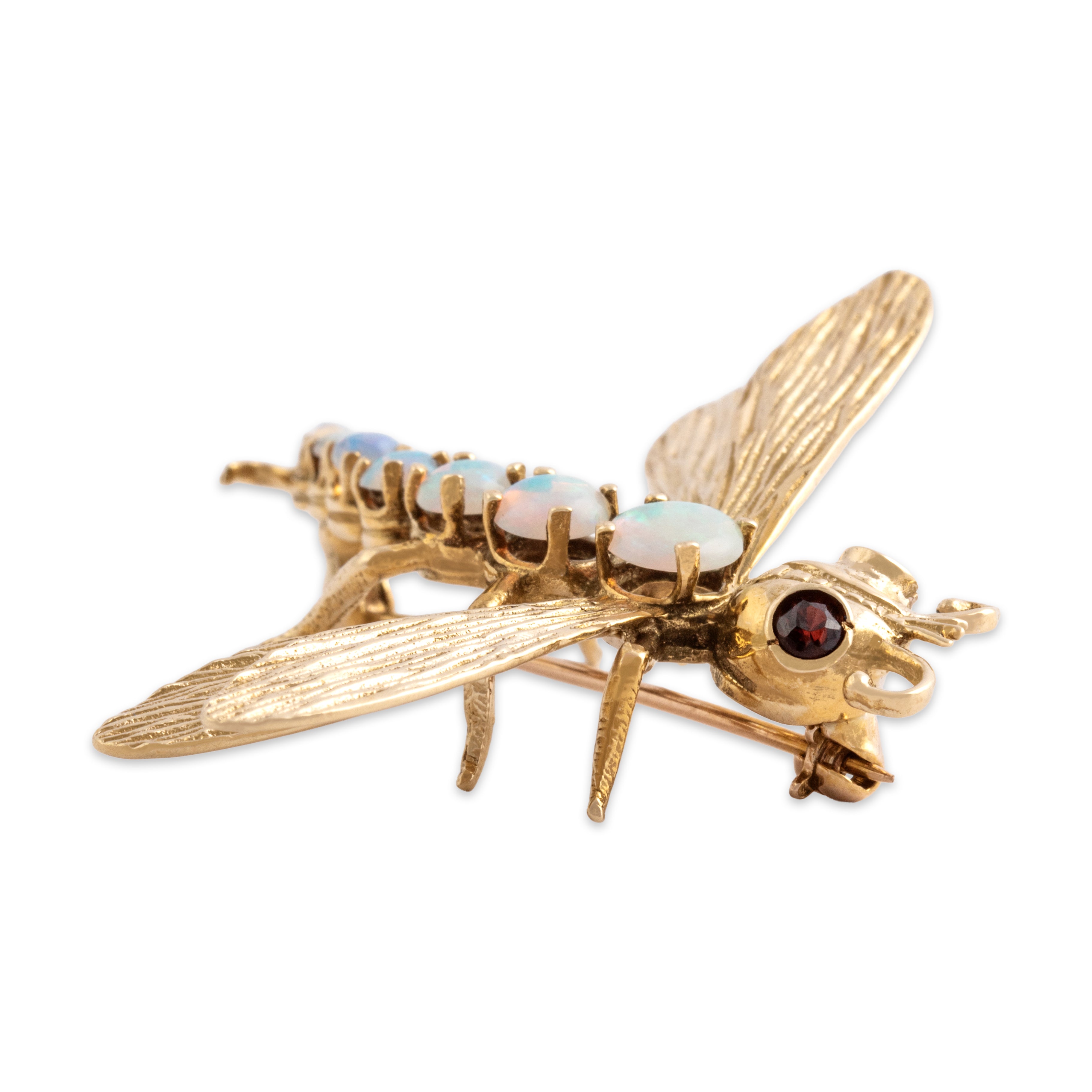 Vintage 14k Yellow Gold .69cttw Opal Garnet Fantastic Dragonfly Pin - Overall view