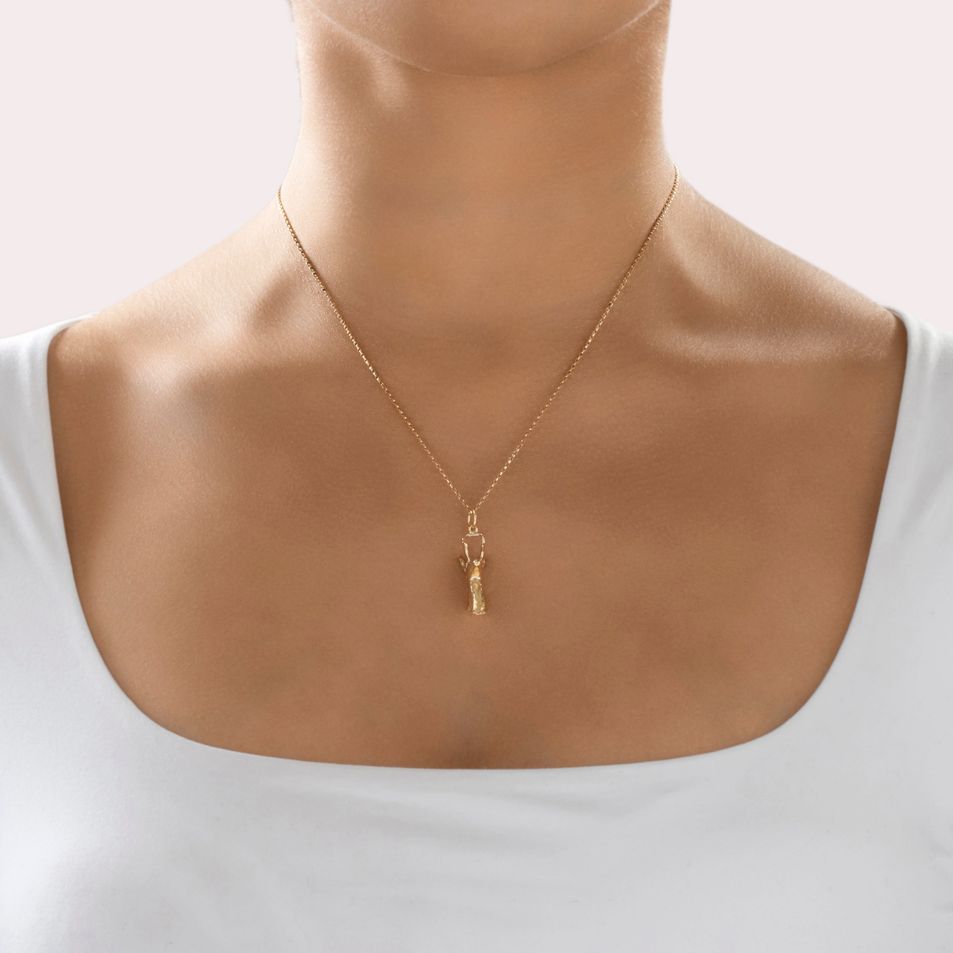 Vintage Heavy Magnificent 14k Yellow Gold Stag Charm / Pendant - On model view