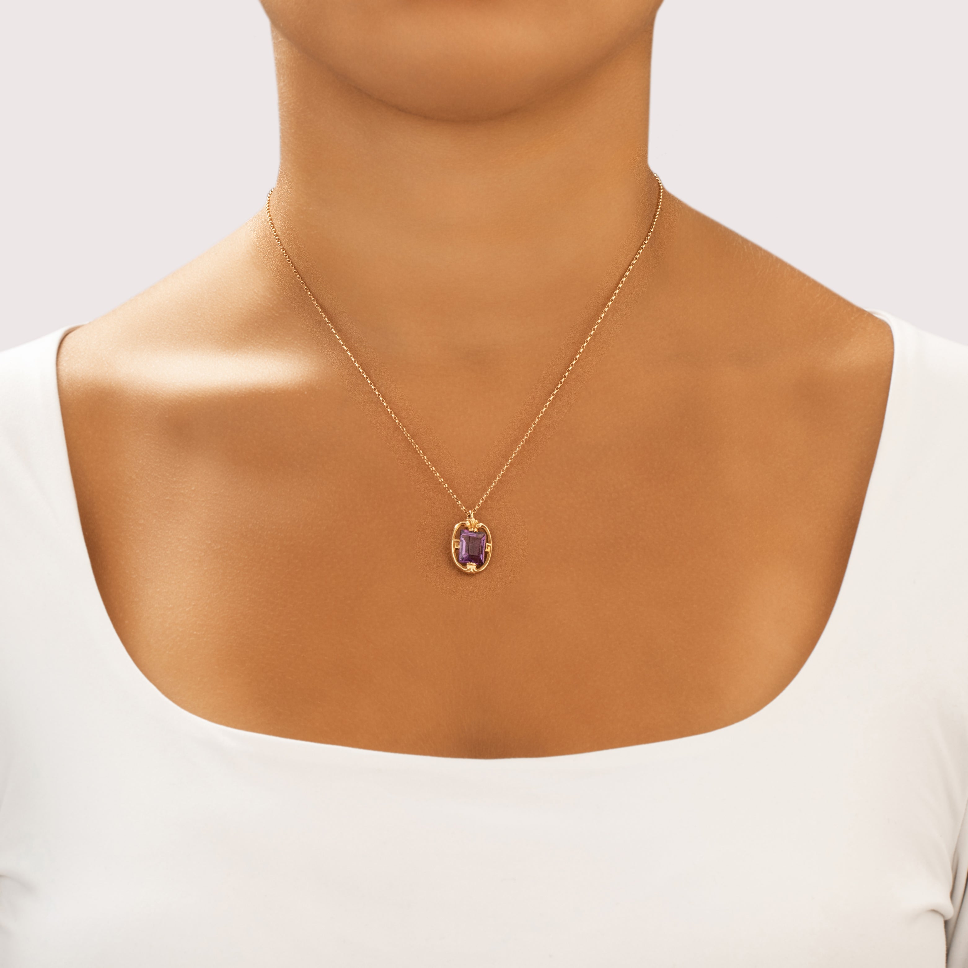 Antique Art Nouveau 14k Yellow Gold 2.77ct Amethyst Elegant Flourishing Framed Pendant - On model view
