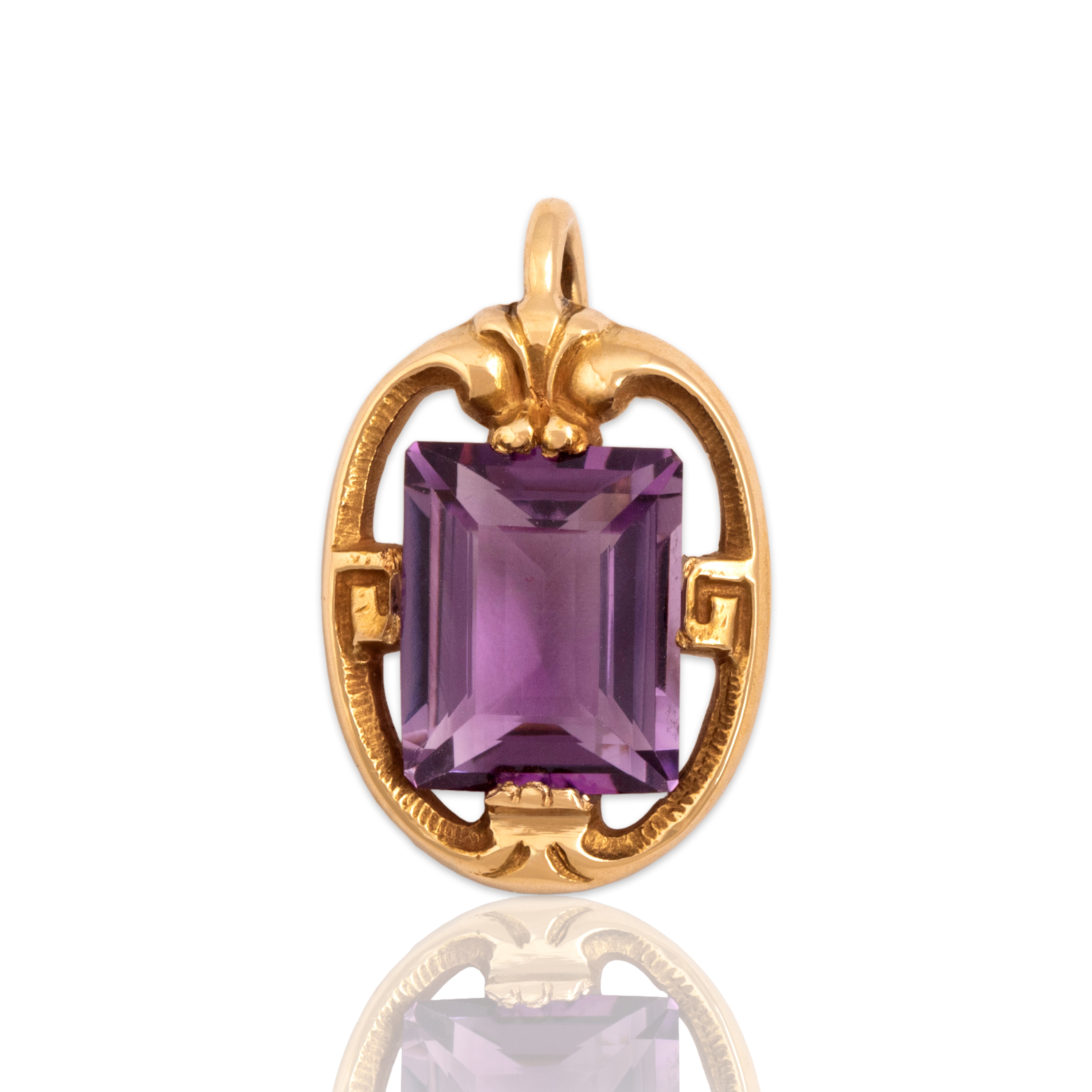 Antique Art Nouveau 14k Yellow Gold 2.77ct Amethyst Elegant Flourishing Pendant
