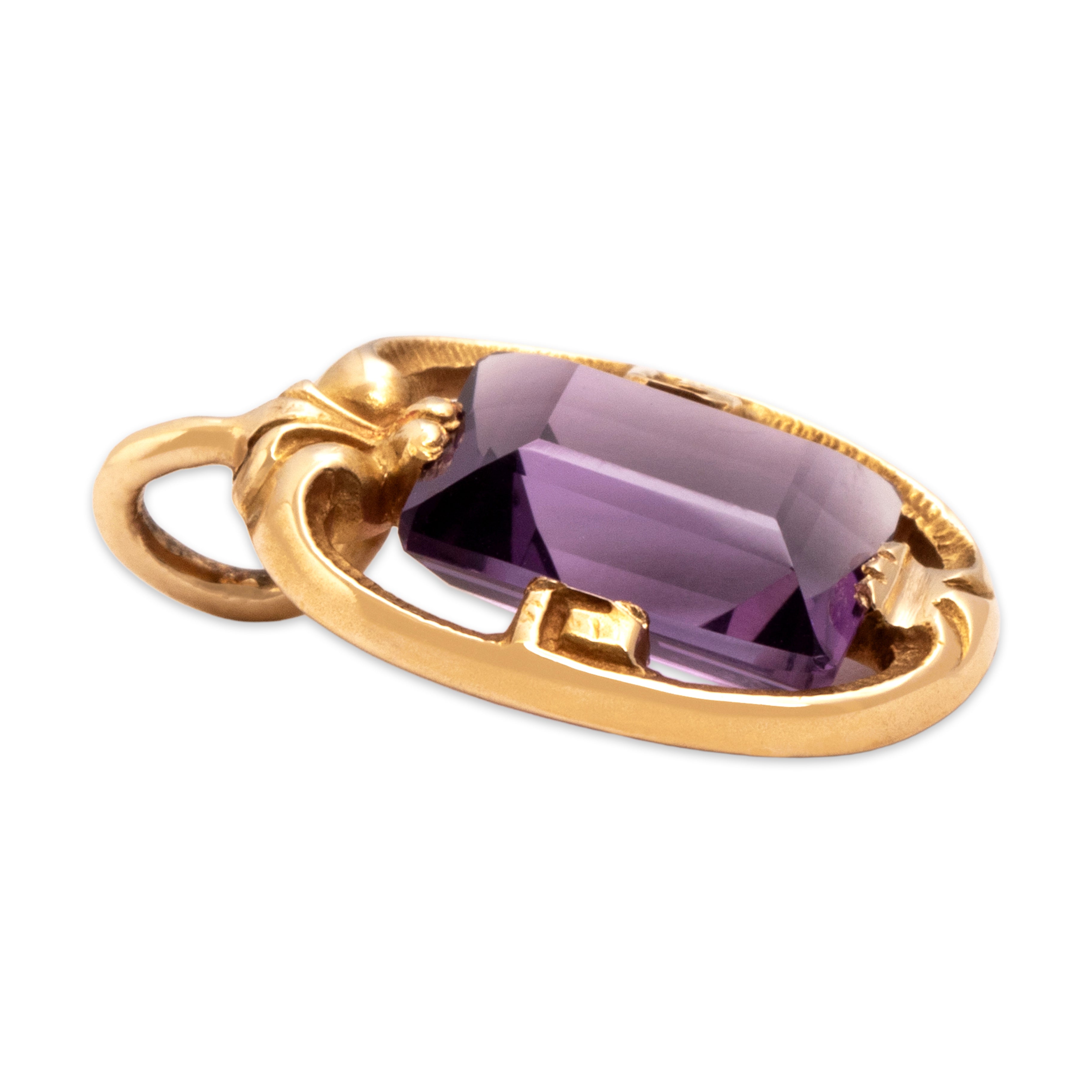 Antique Art Nouveau 14k Yellow Gold 2.77ct Amethyst Elegant Flourishing Framed Pendant - Side view