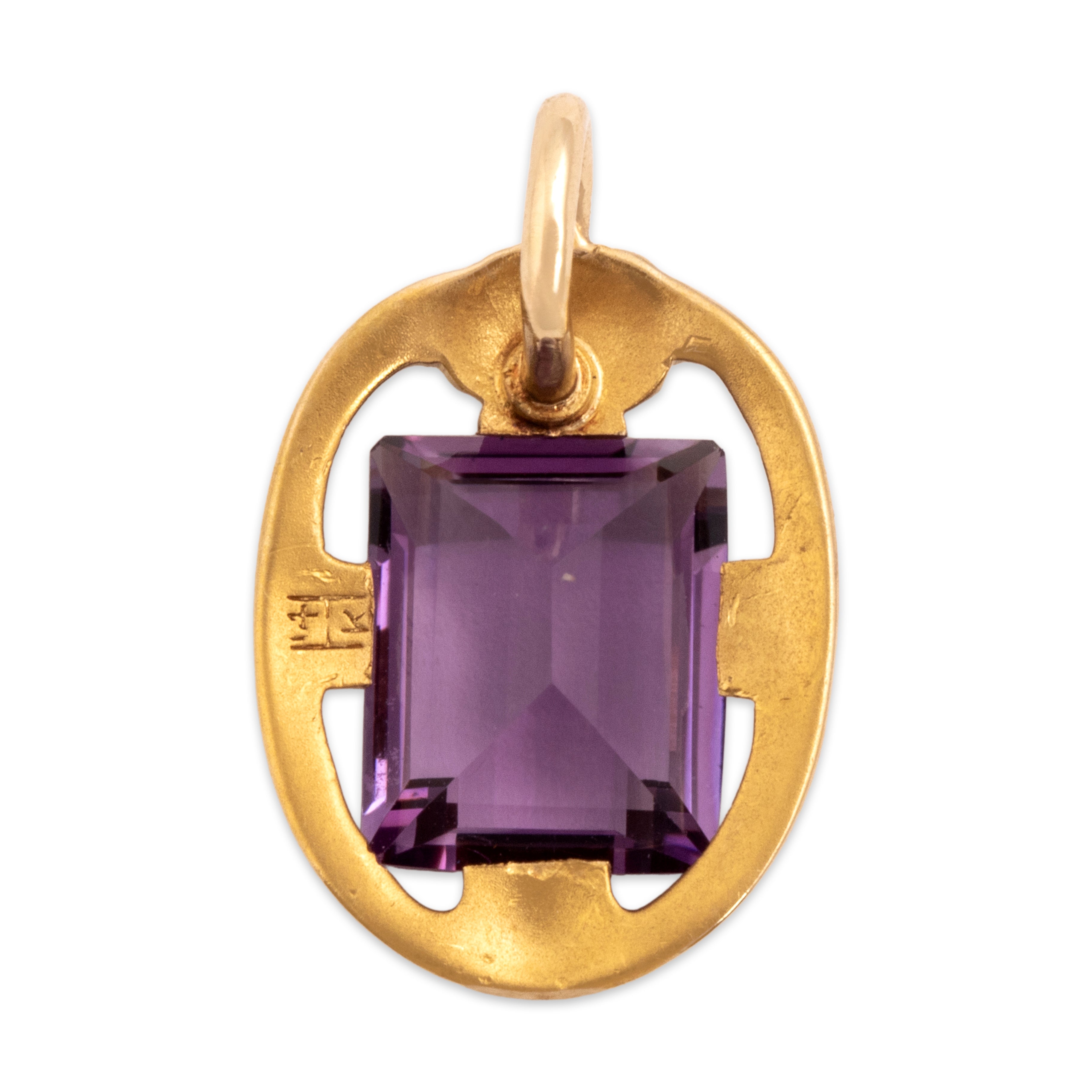 Antique Art Nouveau 14k Yellow Gold 2.77ct Amethyst Elegant Flourishing Framed Pendant - Back view