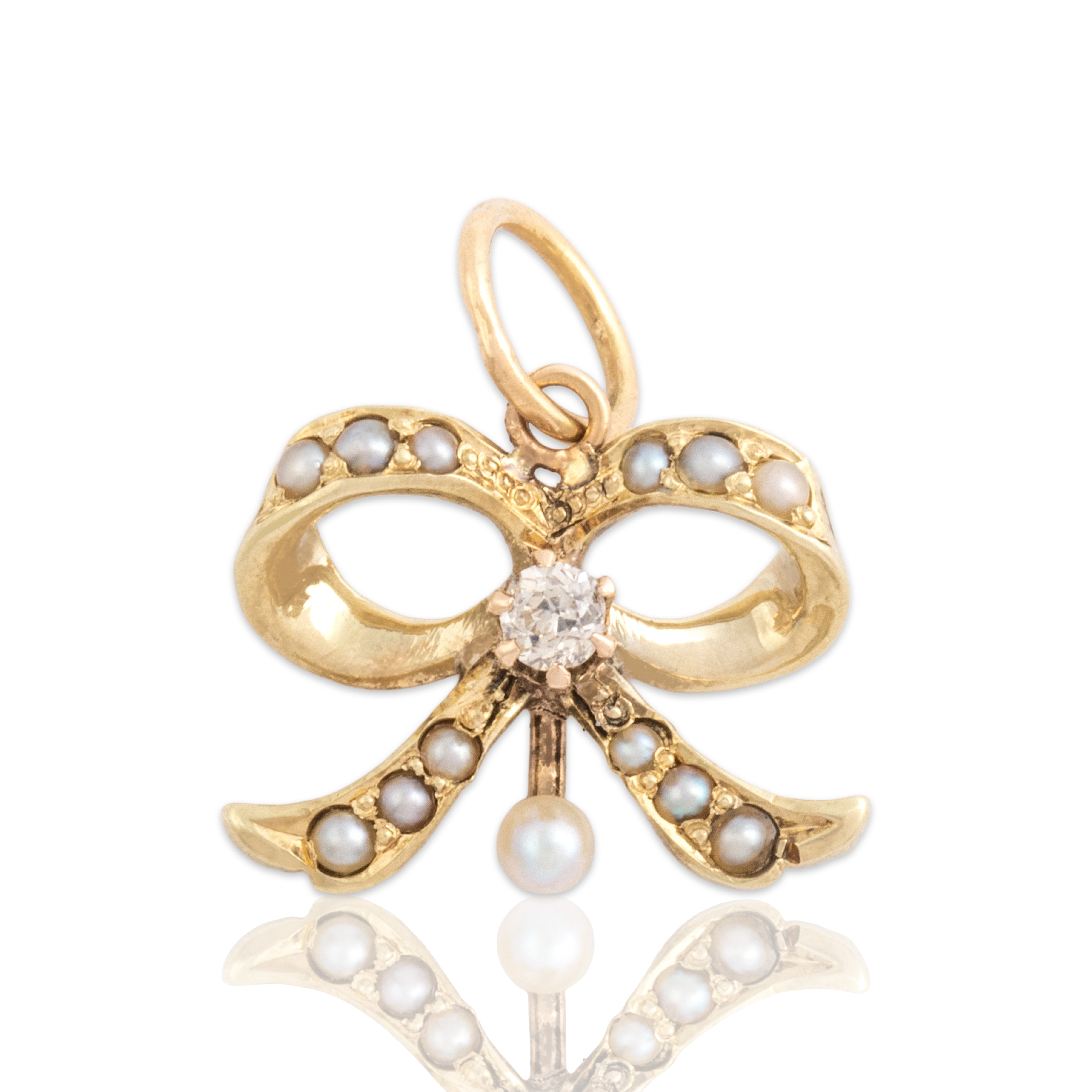 Antique Victorian 14k Yellow Gold Old Mine Cut Diamond Pearl Beautiful Adorned Bow Charm / Pendant - Close-up view