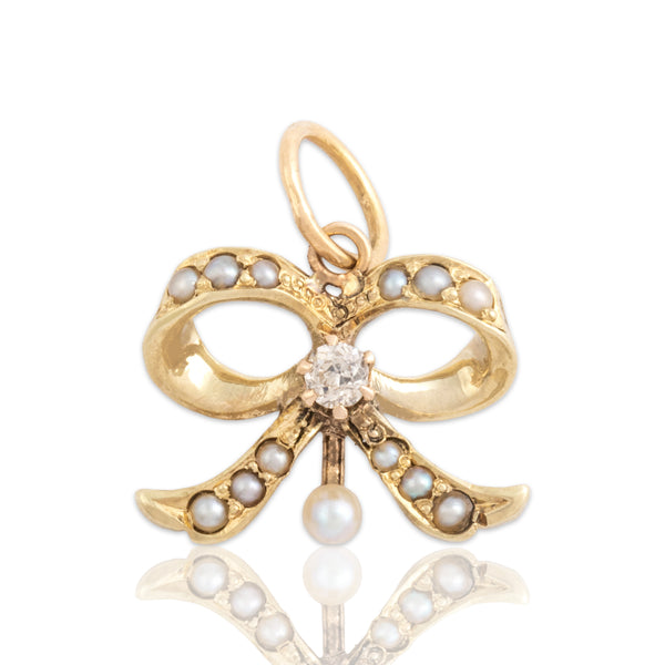 Antique Victorian 14k Yellow Gold Old Mine Cut Diamond Pearl Bow Charm / Pendant