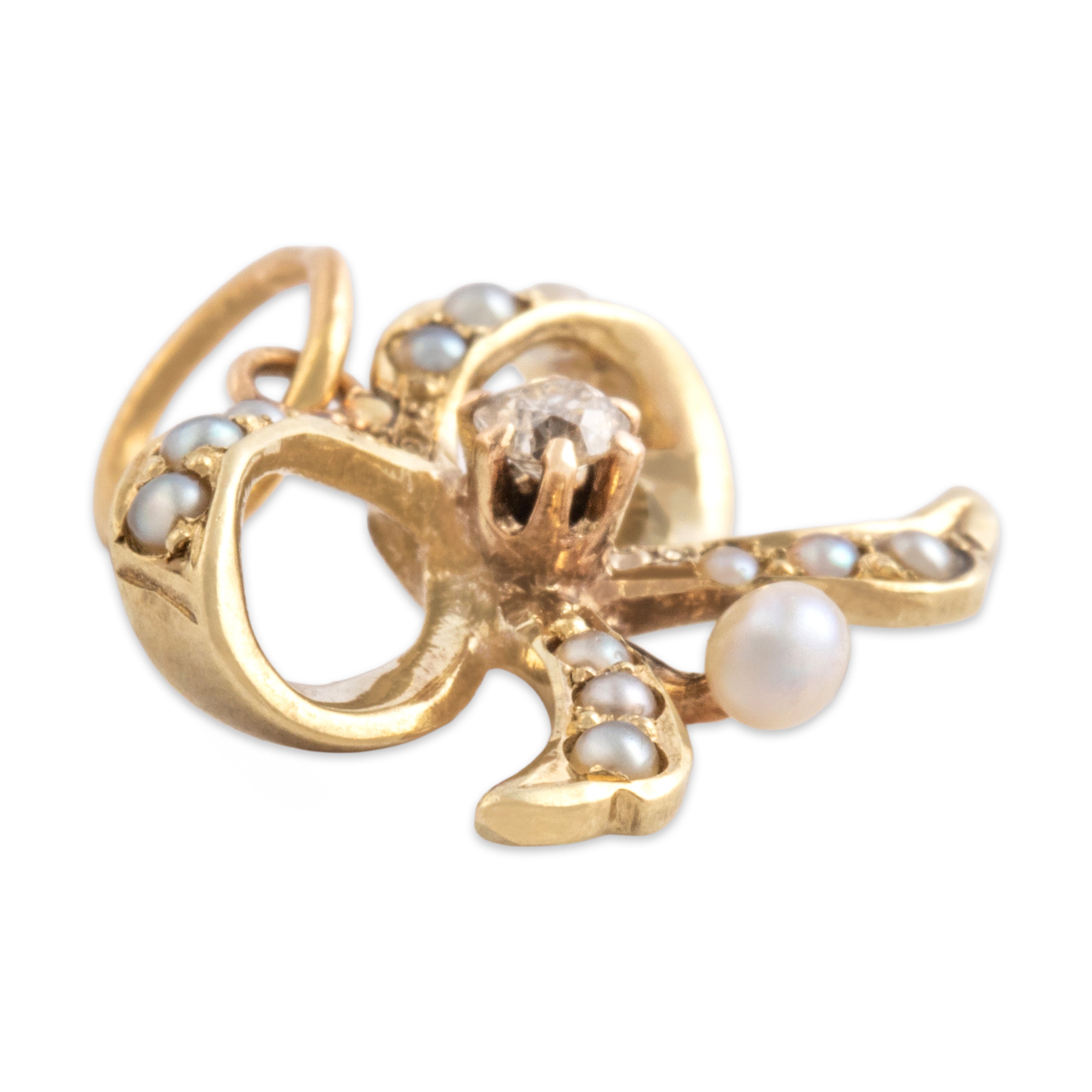 Antique Victorian 14k Yellow Gold Old Mine Cut Diamond Pearl Bow Charm / Pendant