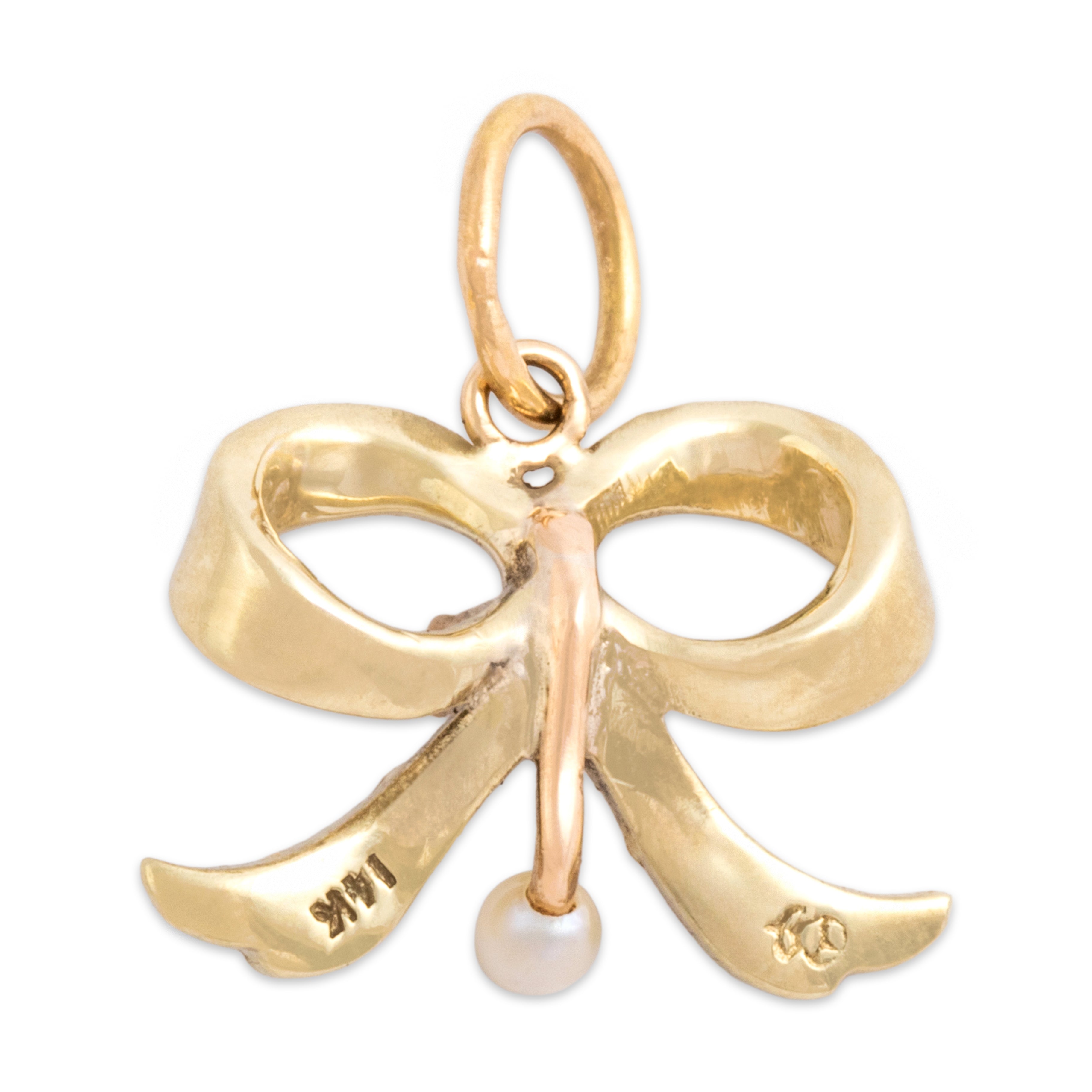 Antique Victorian 14k Yellow Gold Old Mine Cut Diamond Pearl Beautiful Adorned Bow Charm / Pendant - Back view