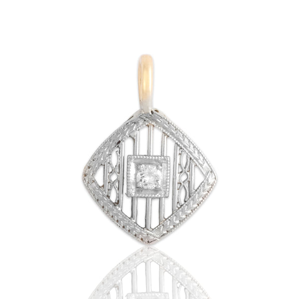 Antique Art Deco 14k Yellow Gold & Platinum Old European Diamond Openwork Pendant