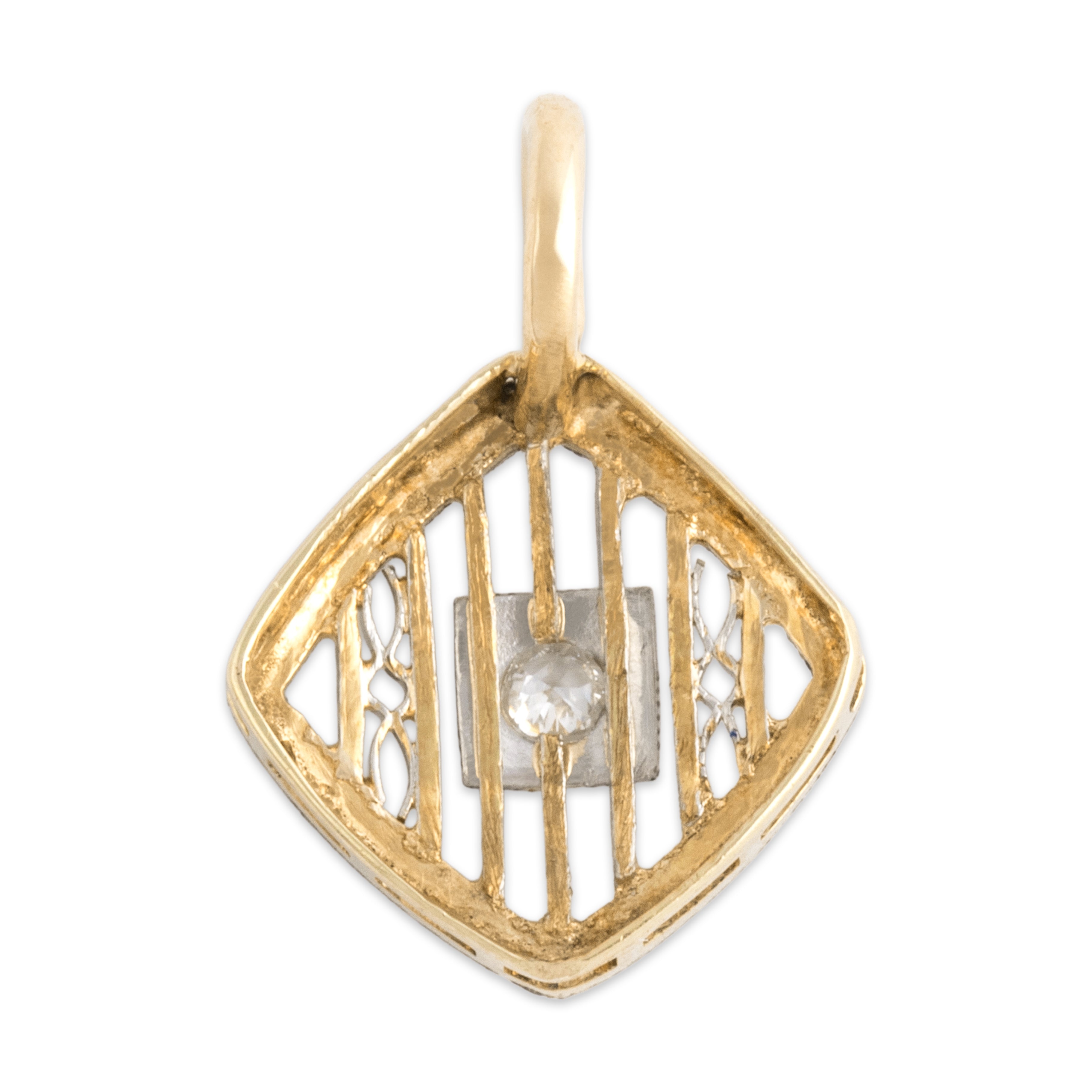 Antique Art Deco 14k Yellow Gold & Platinum Old European Diamond Openwork Pendant