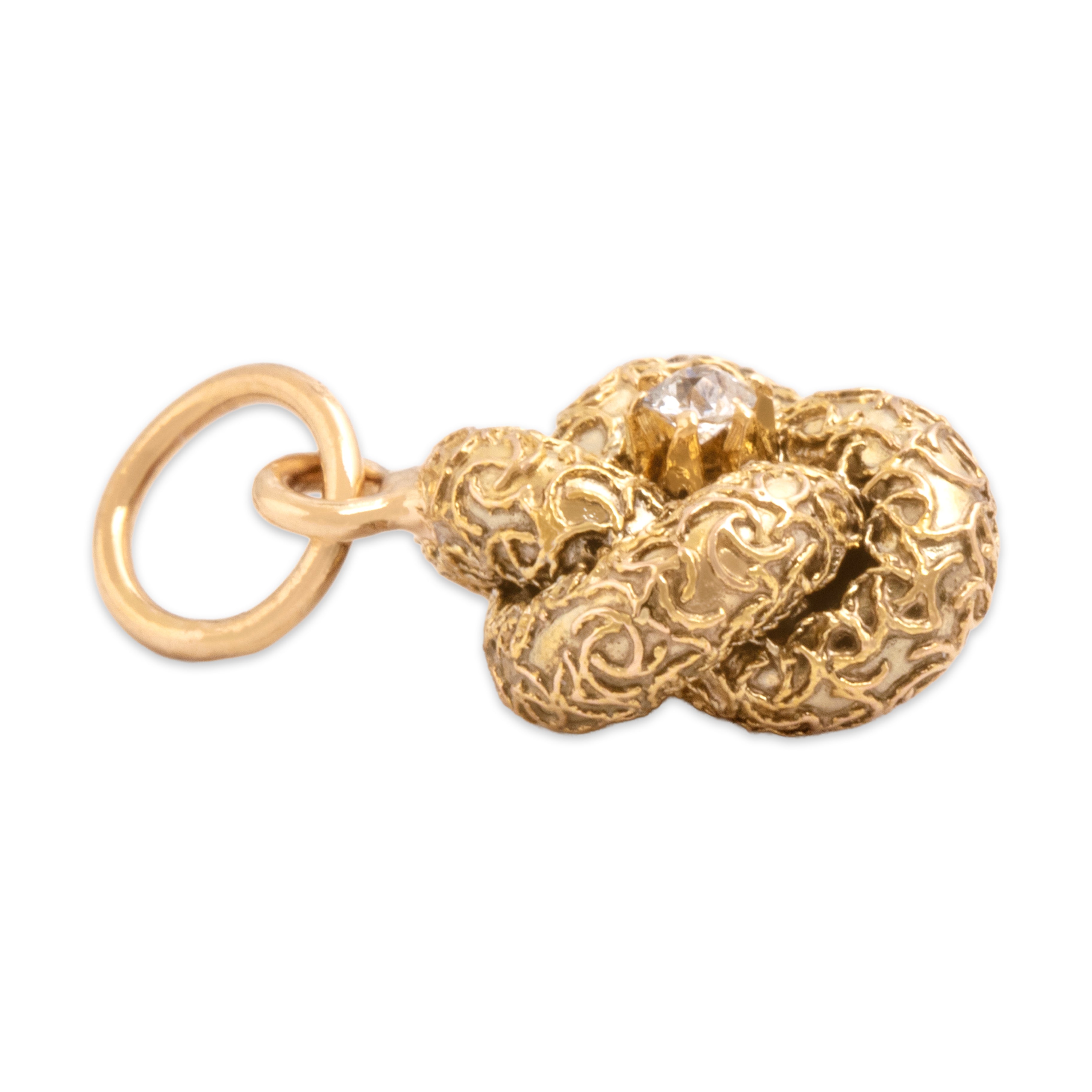 Antique Victorian 14k Yellow & Rosy Yellow Gold Old Mine Cut Diamond Textured Lover's Knot Charm / Pendant - Side view