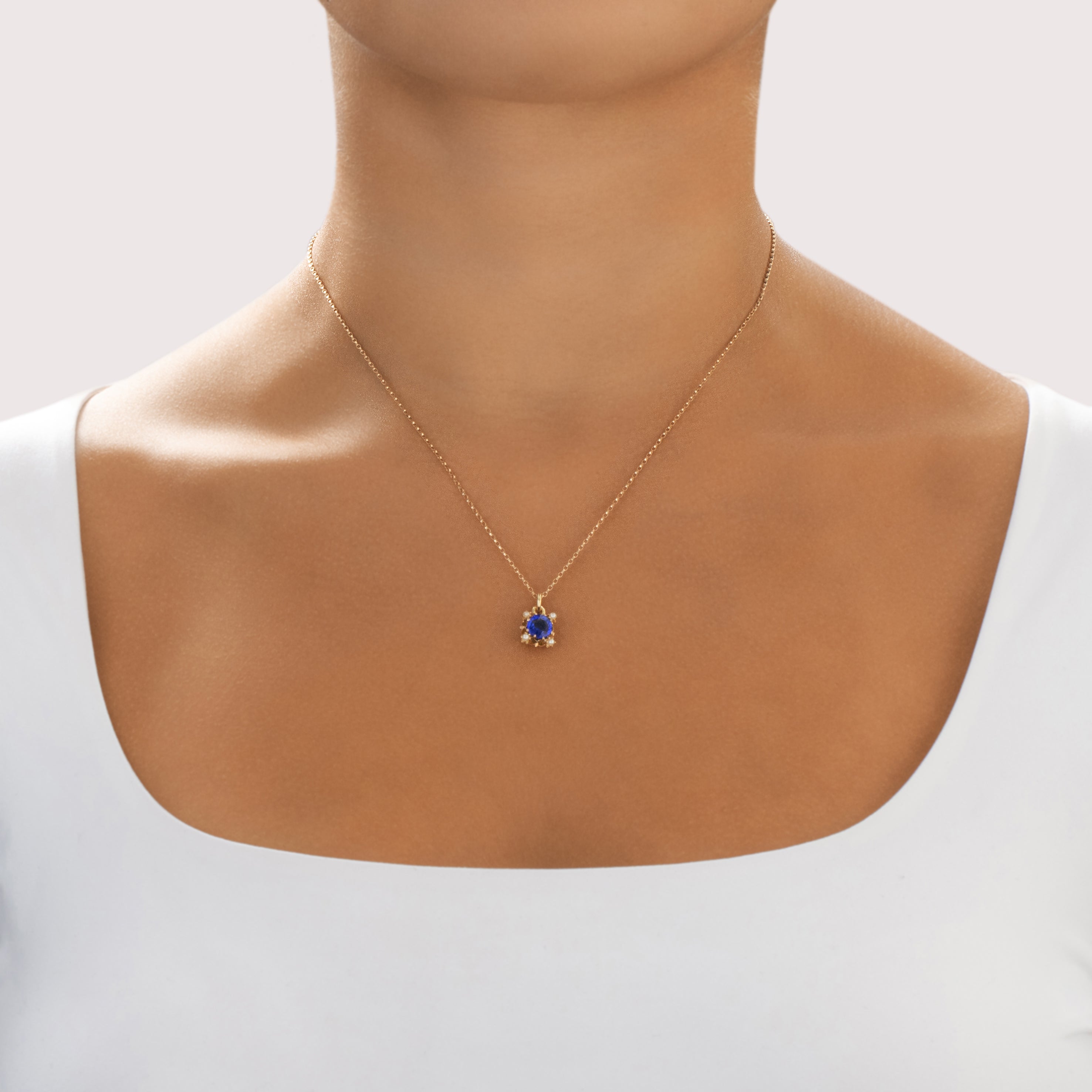 Antique 14k Rosy Yellow Gold Blue Garnet Glass Doublet Pearl Bright Quatrefoil Pendant