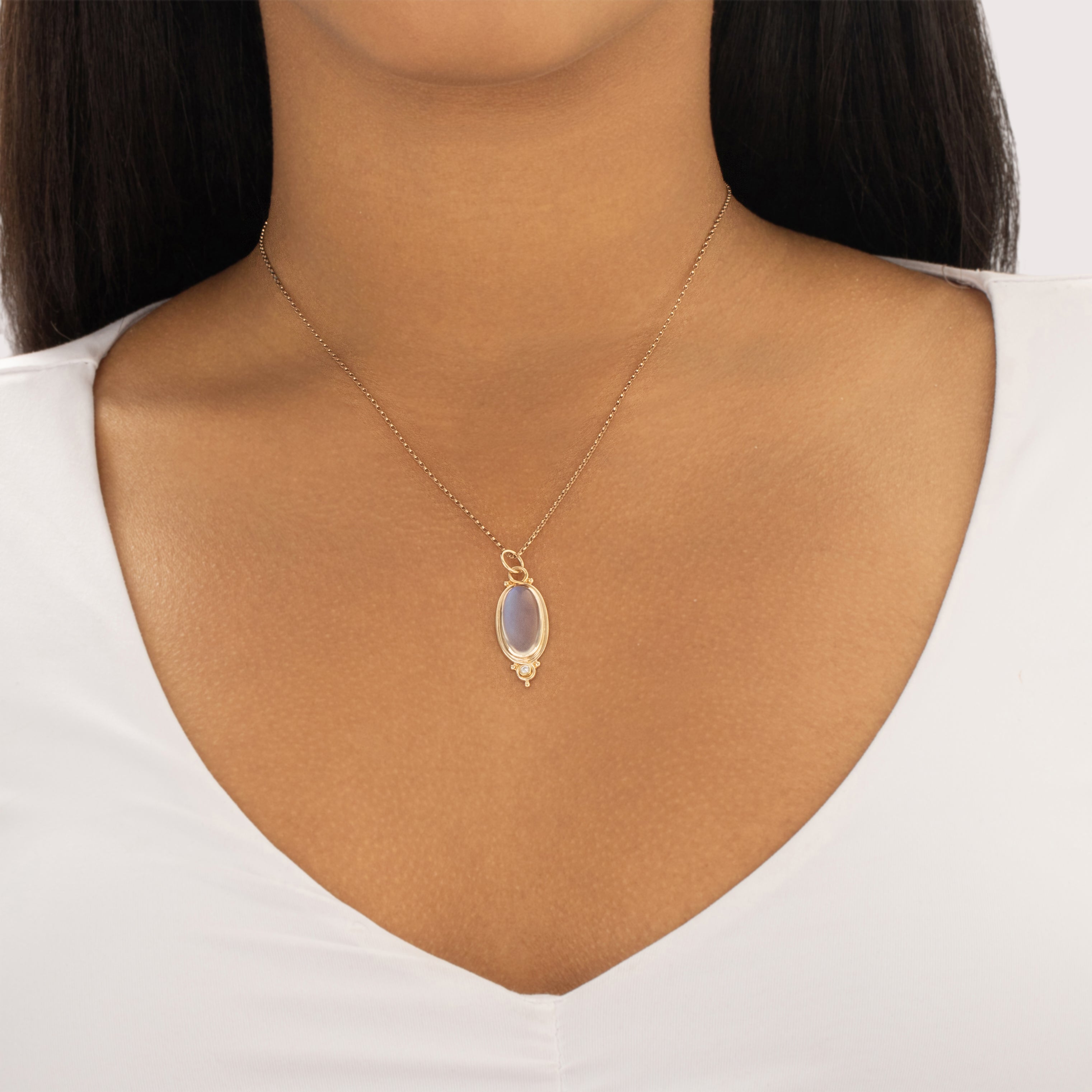 Vintage 14k Yellow Gold 5.34ct Moonstone Diamond Glowing Elongated Cabochon Pendant - On model view