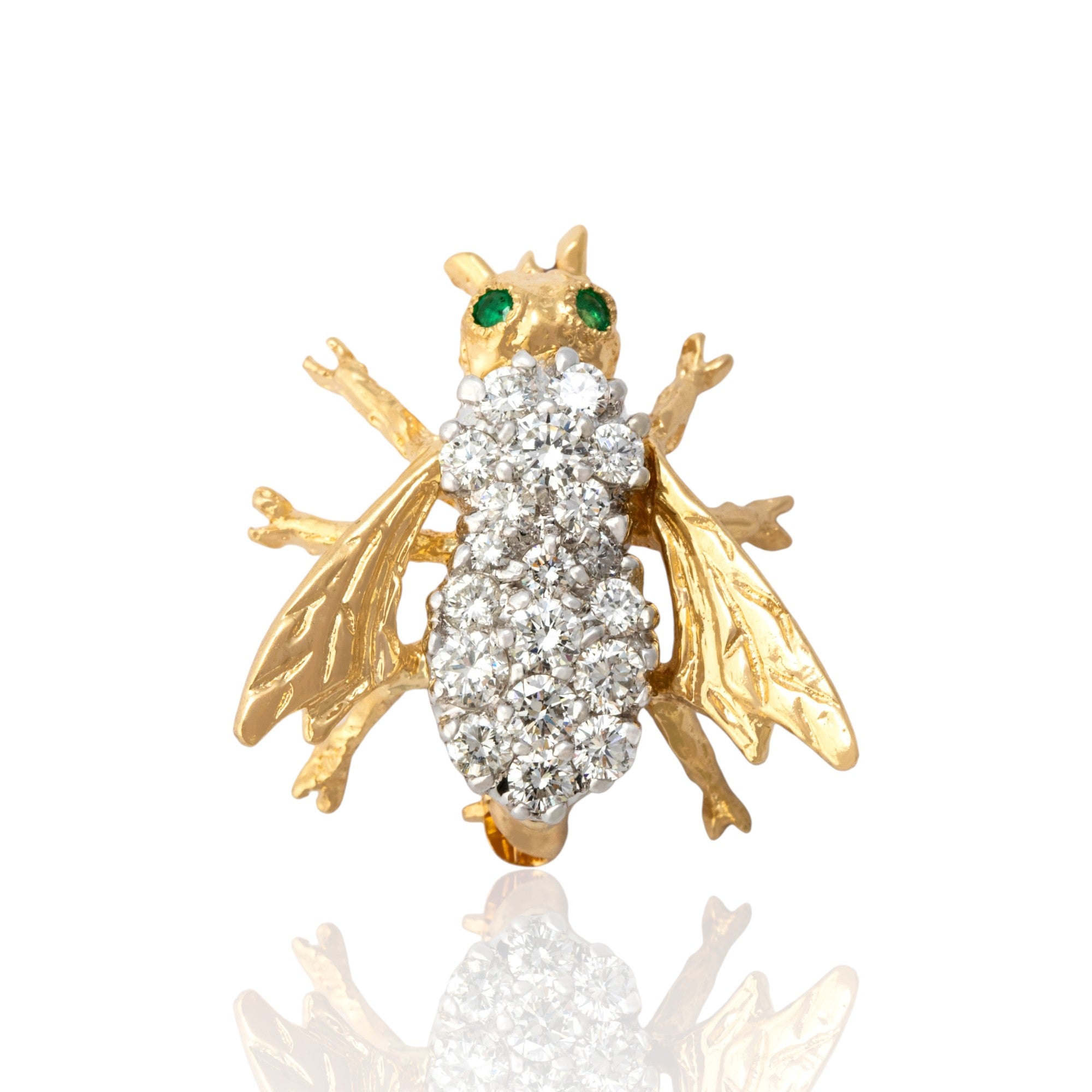 Vintage 14k Yellow Gold .59cttw Diamond Emerald Sparkling Bee Brooch / Pin