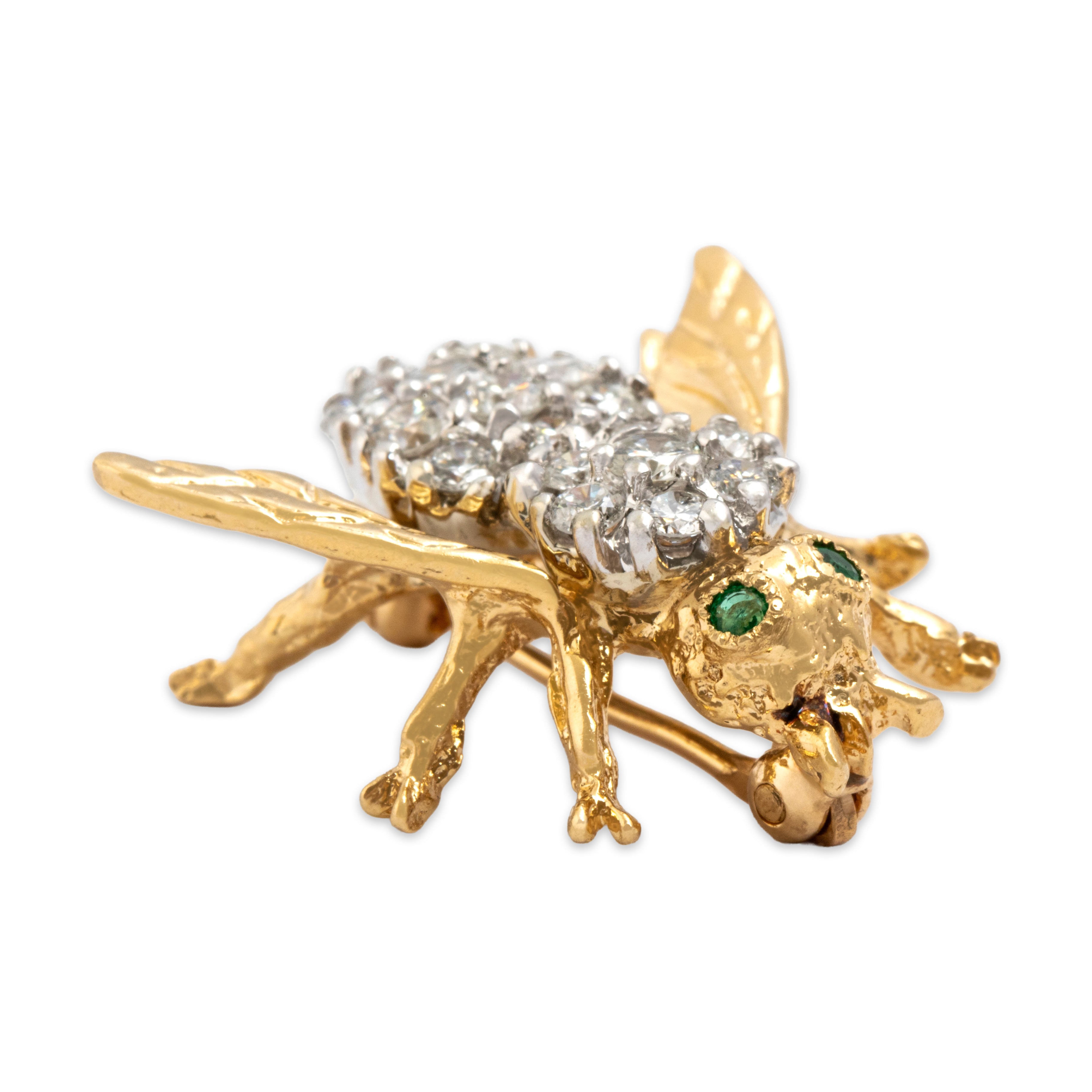 Vintage 14k Yellow Gold .59cttw Diamond Emerald Incredible Sparkling Dynamic Fly Brooch / Pin - Overall view