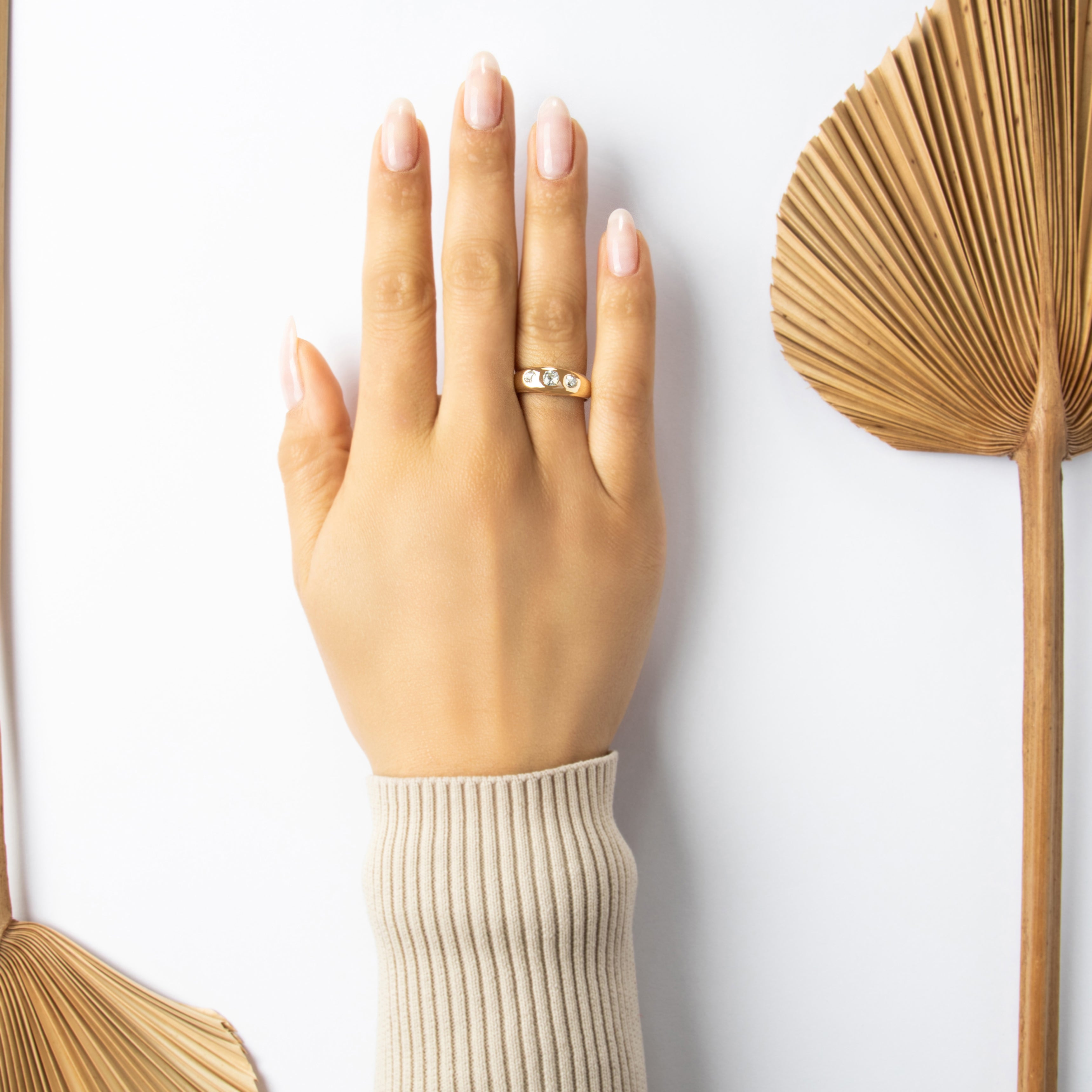 Antique Victorian 14k Rosy Yellow Gold .6cttw Old Mine Cut Diamond Dazzling Dome Flush-Set Trio Band Ring - On model view