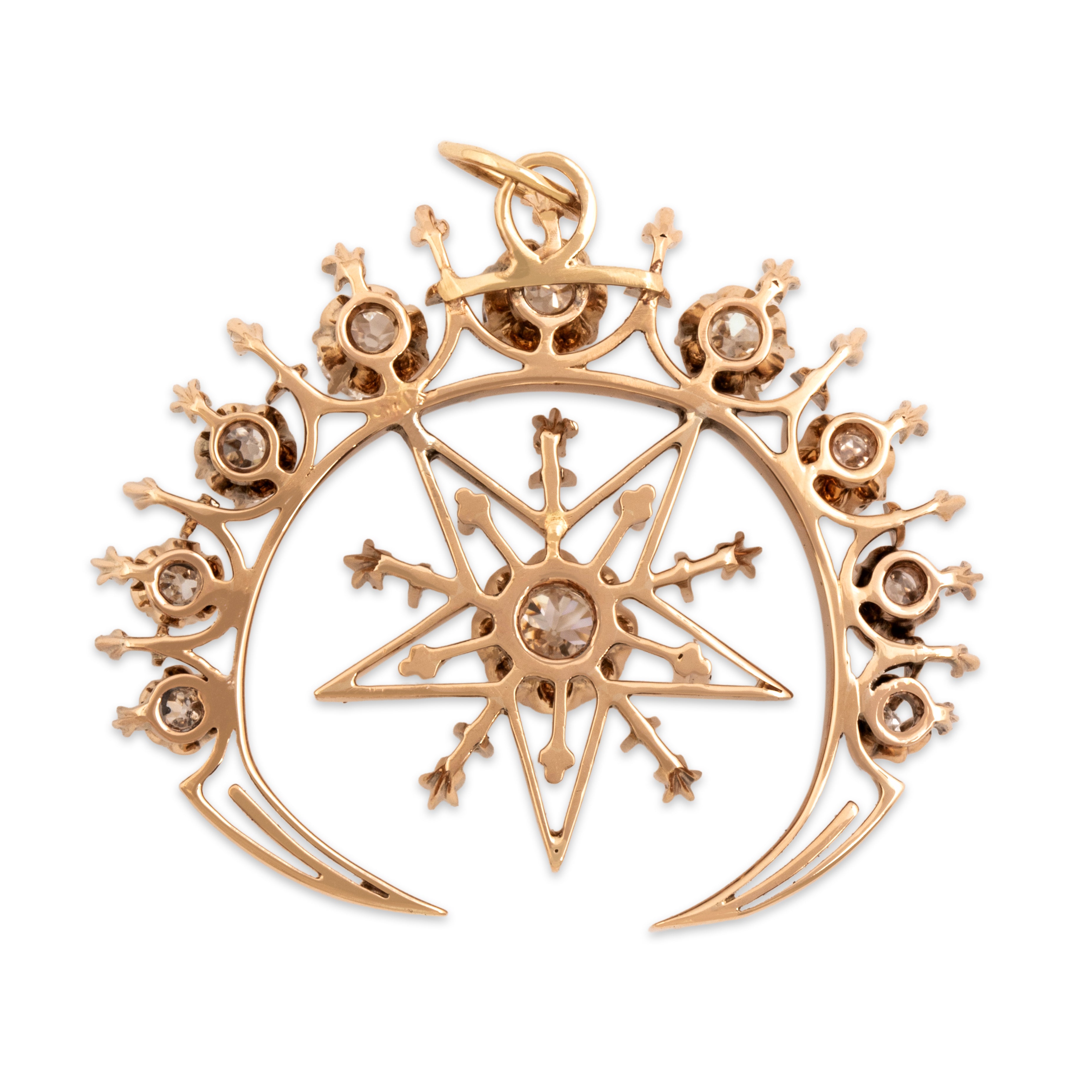 Antique Victorian Large 14k Yellow Gold 2.04cttw Old Mine Cut Diamond Star And Moon Pendant - Back view