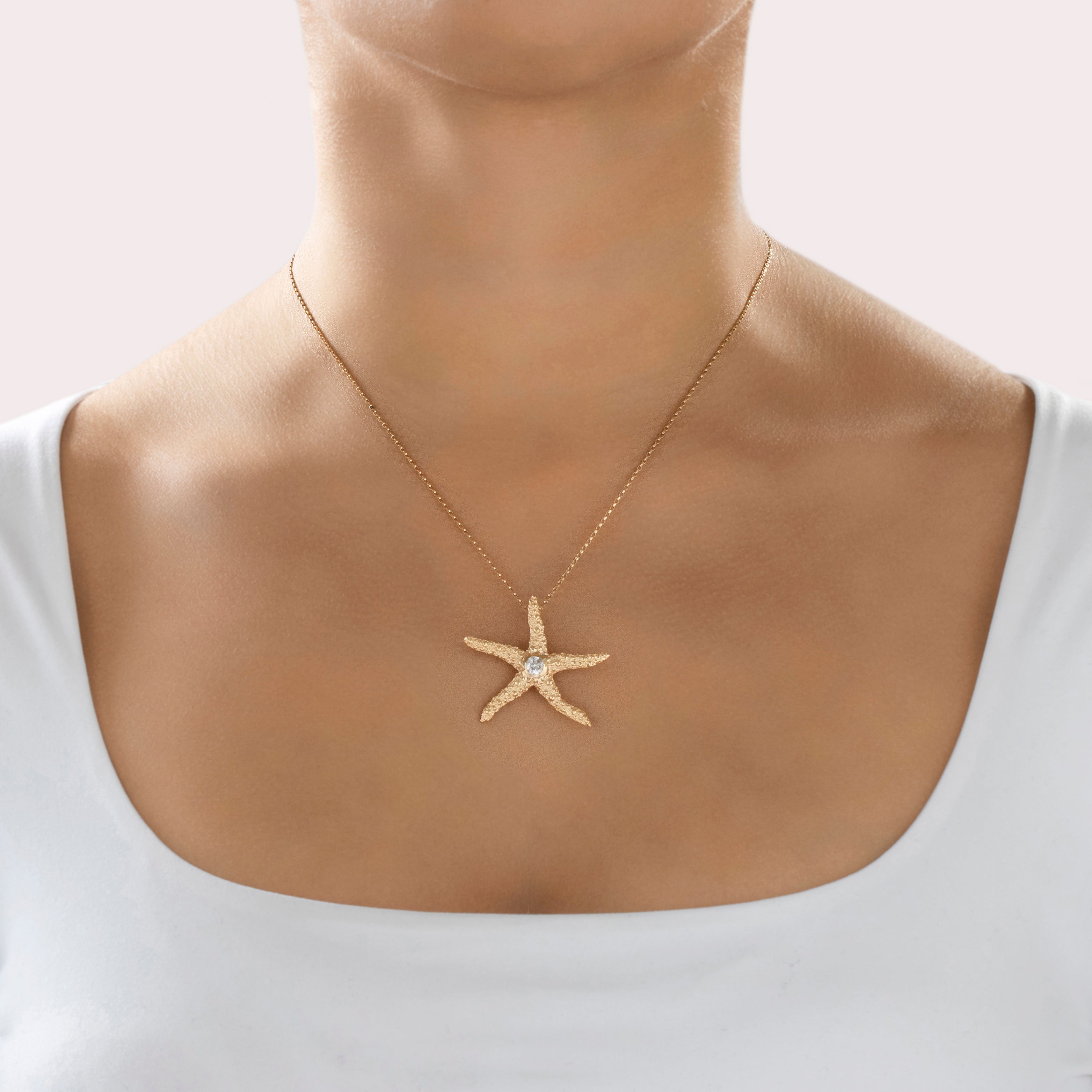 Vintage Large 14k Yellow Gold Diamond Starfish Pendant - On model view
