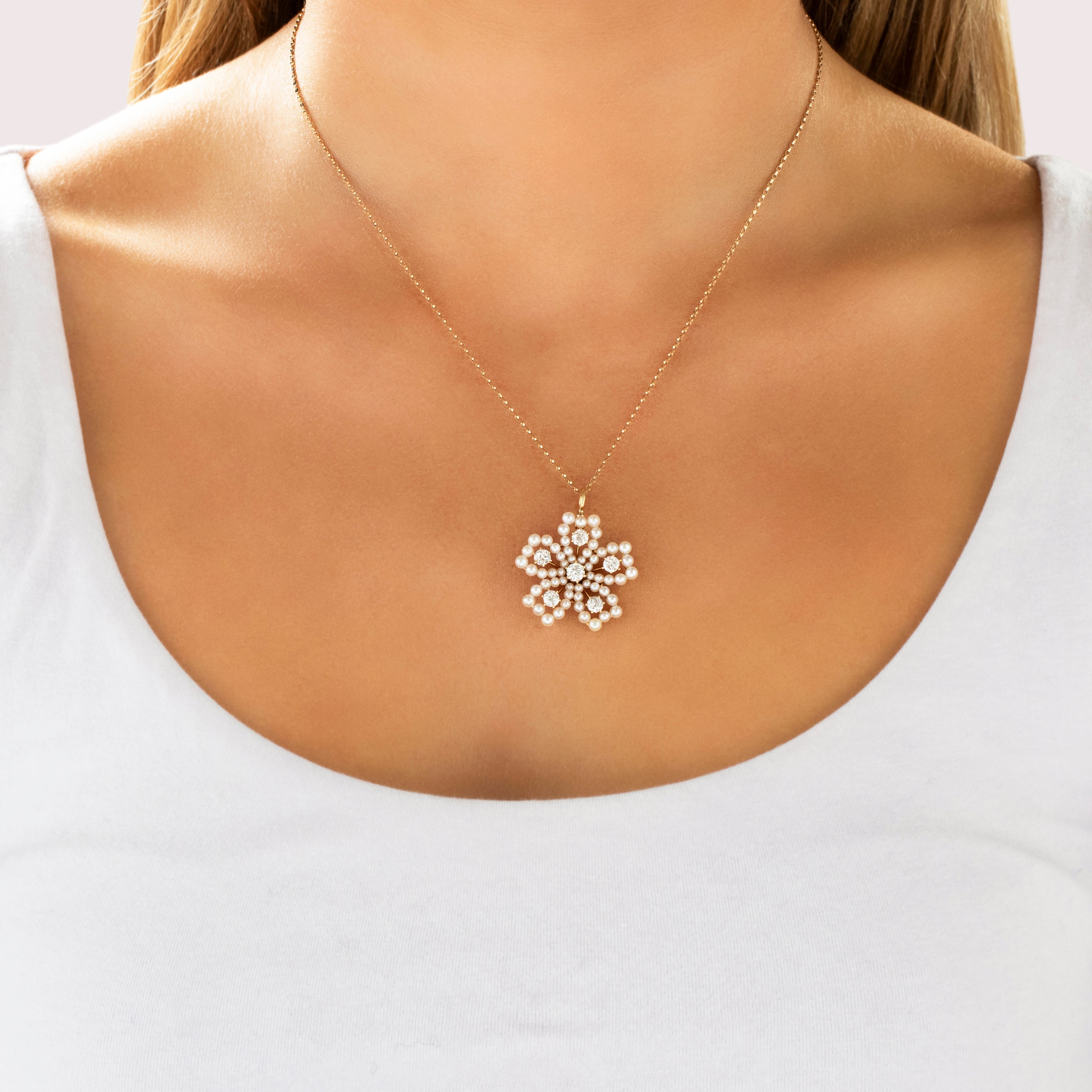 Antique 14k Yellow Gold .78cttw Old Mine Cut Diamond Old European Cut Diamond Pearl Ethereal Luminous Flower Pendant - On model view