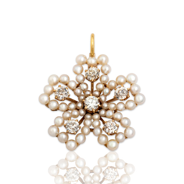 Antique 14k Yellow Gold 1.05cttw Old Mine & Old European Diamond Pearl Pendant