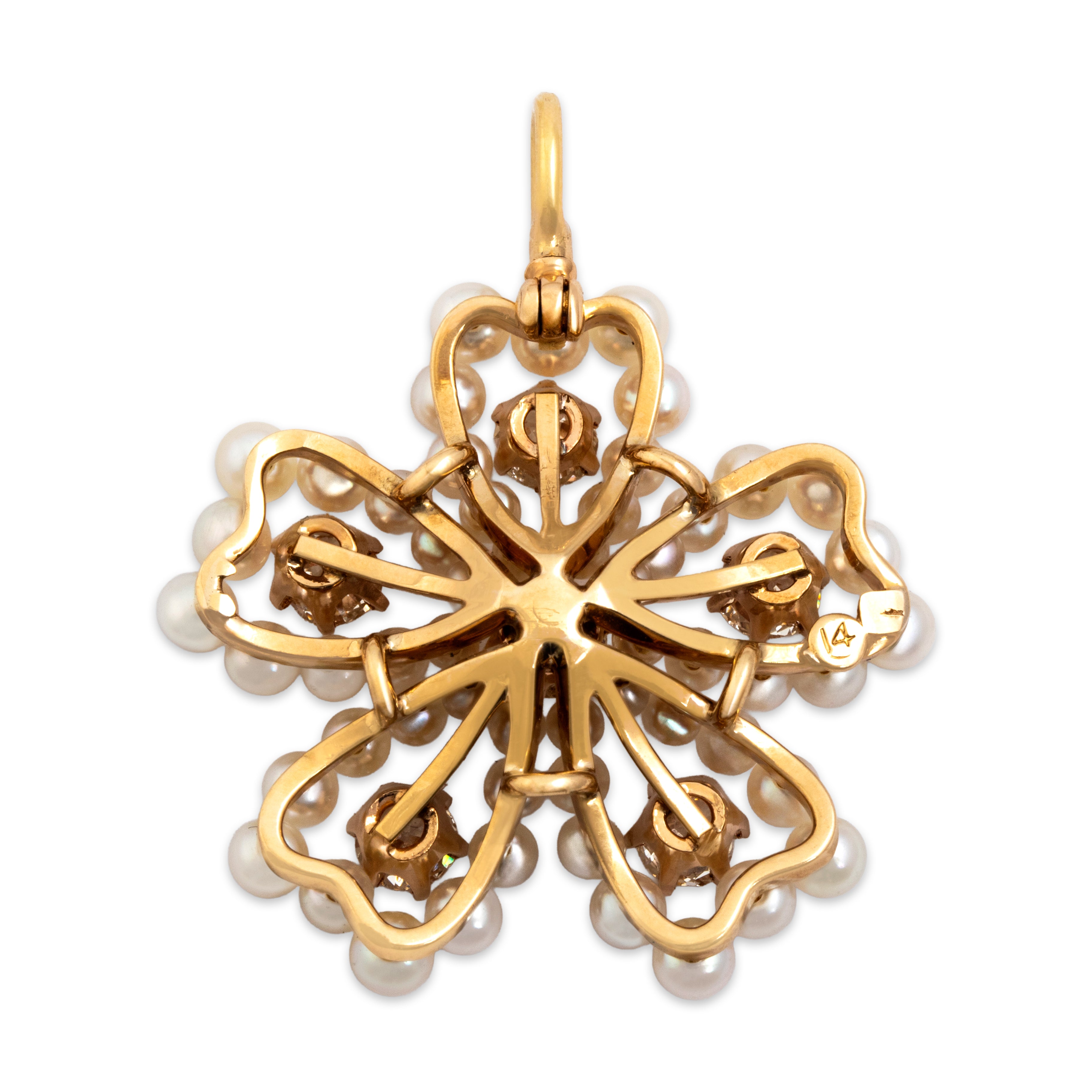 Antique 14k Yellow Gold .78cttw Old Mine Cut Diamond Old European Cut Diamond Pearl Ethereal Luminous Flower Pendant - Back view