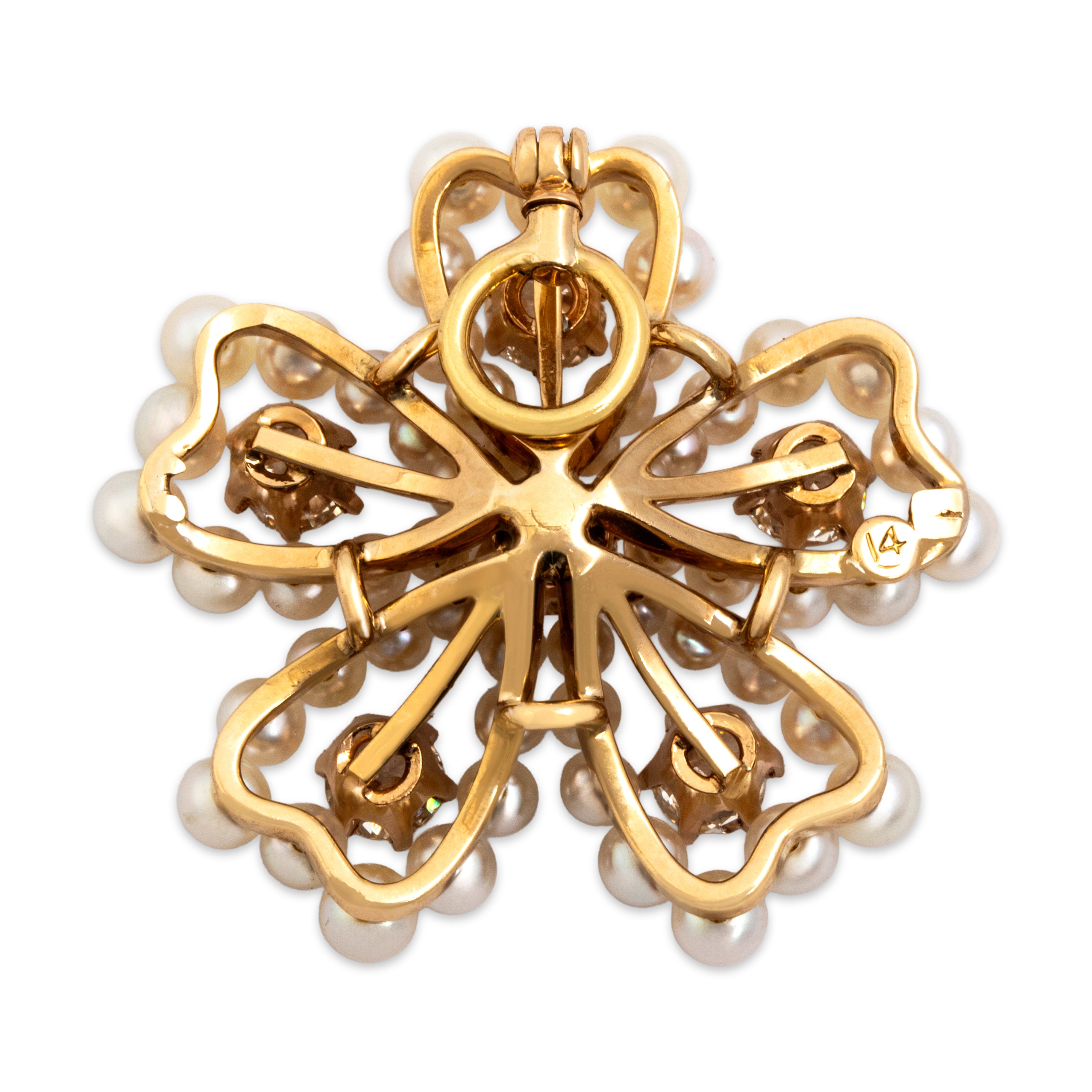 Antique 14k Yellow Gold .78cttw Old Mine Cut Diamond Old European Cut Diamond Pearl Ethereal Luminous Flower Pendant - Back view