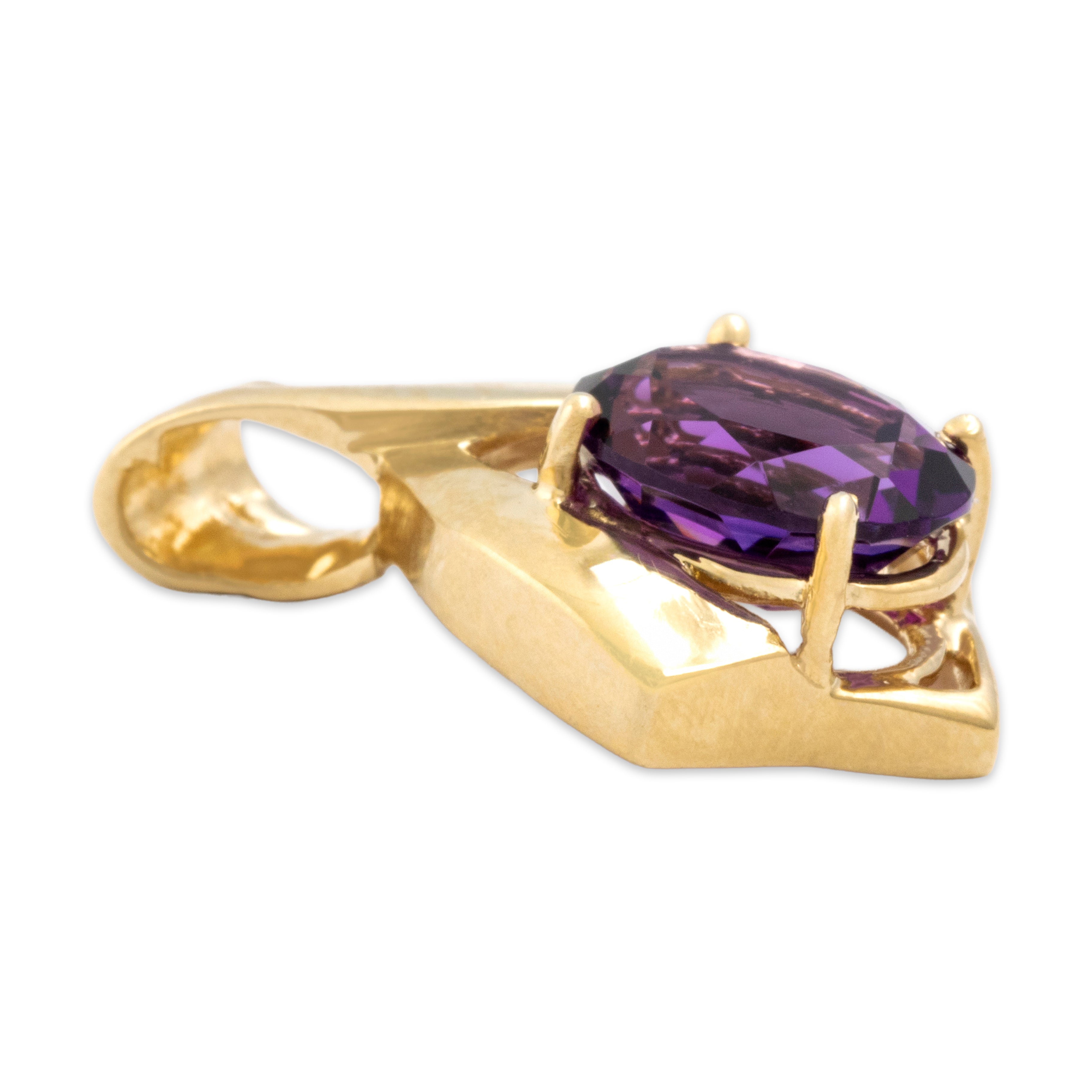 Vintage 14k Yellow Gold 1.61ct Amethyst Sculptural Ribbon Frame Pendant - Side view