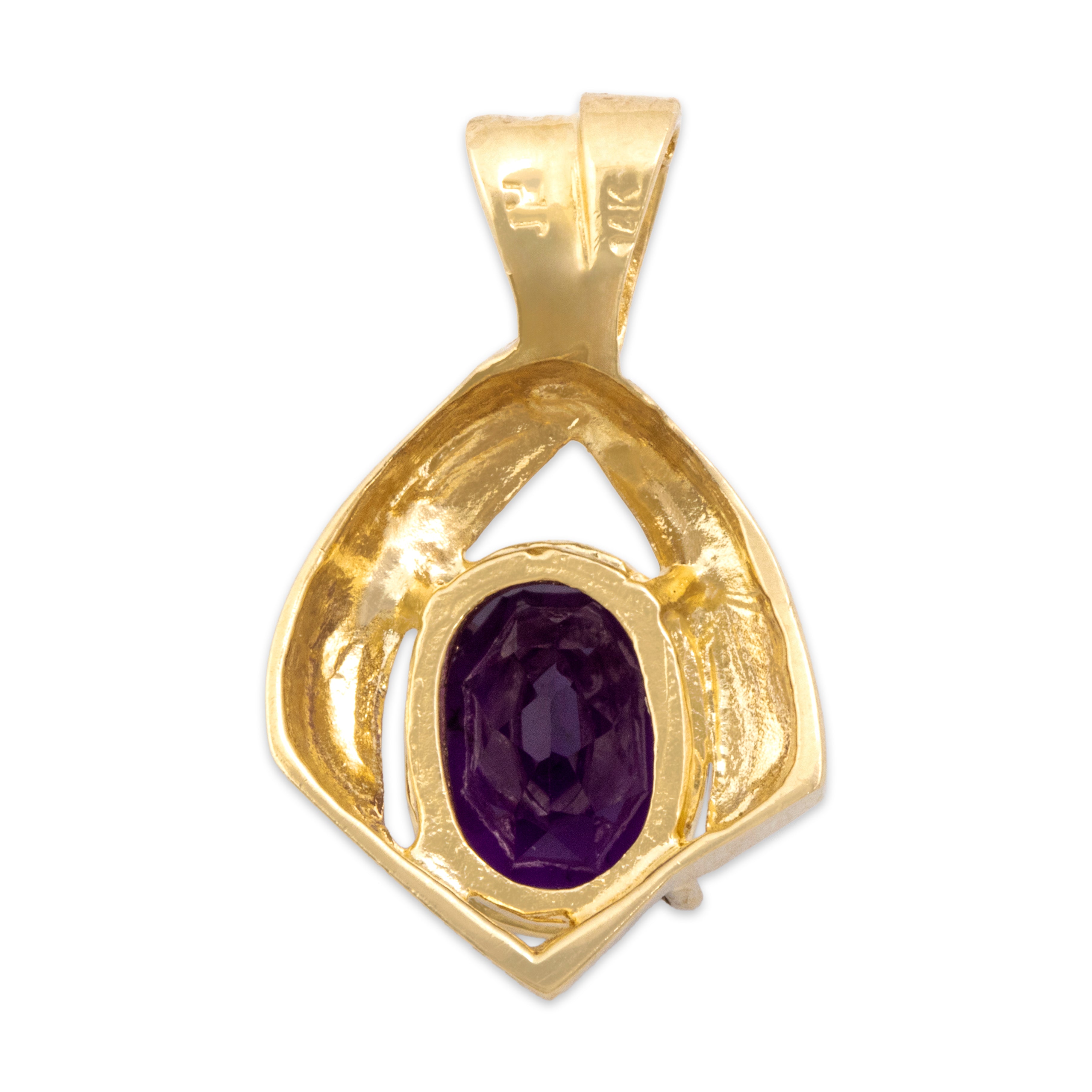 Vintage 14k Yellow Gold 1.61ct Amethyst Sculptural Ribbon Frame Pendant - Back view