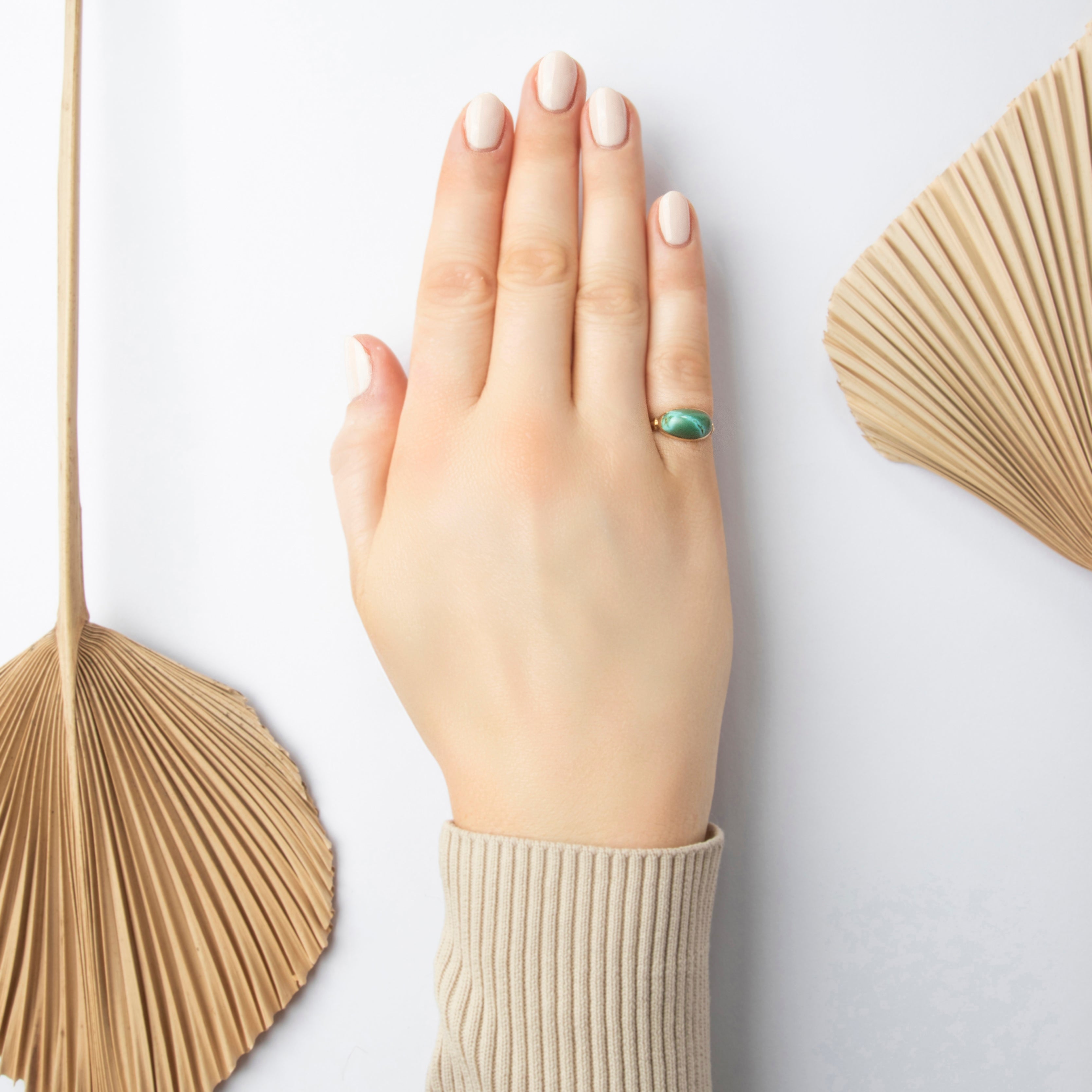 Antique 14k Yellow Gold Turquoise Naturalistic Bezel Cabochon Ring - On model view